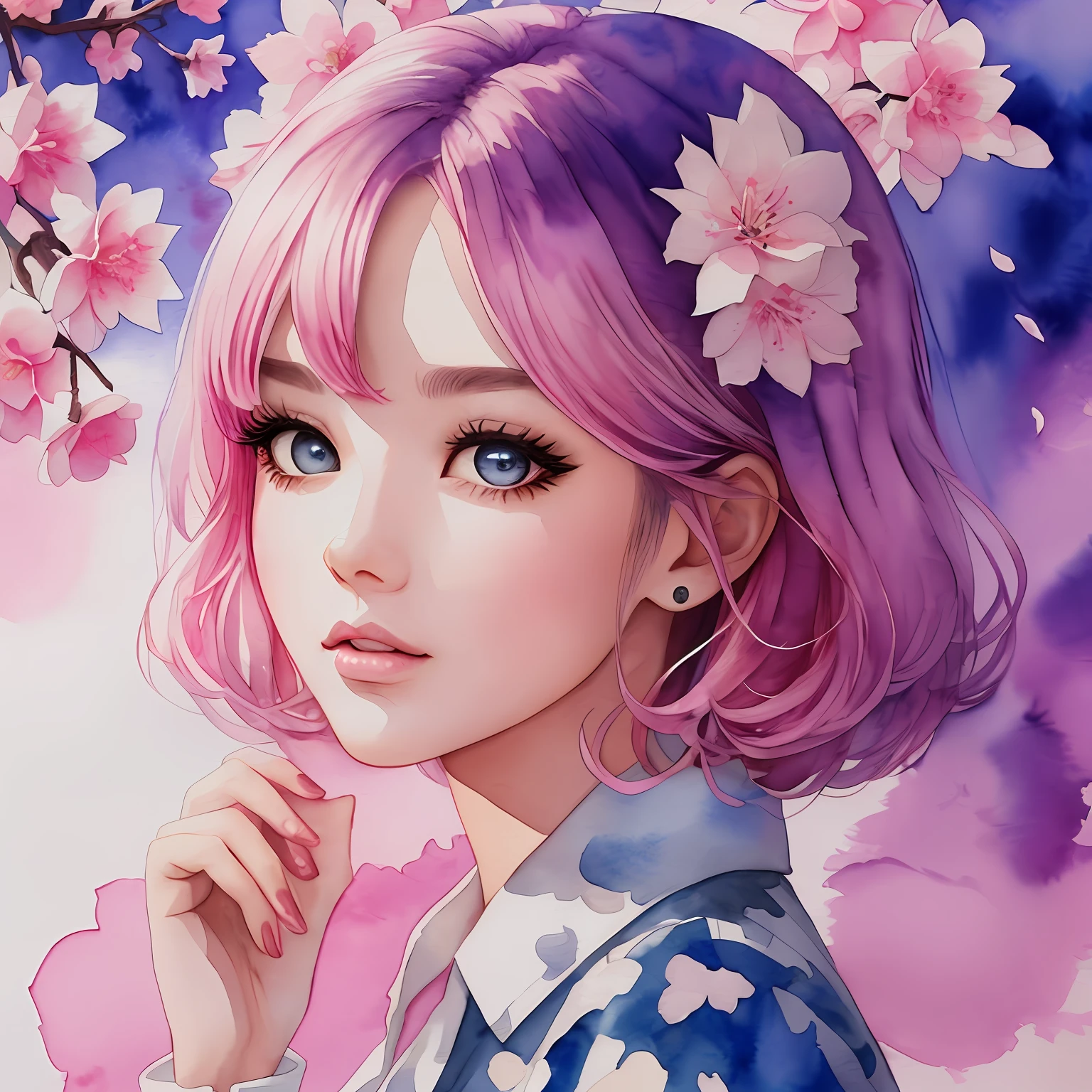 (Best Quality), (Masterpiece: 1.2), (Colorful: 0.9), (Ink Splash), (Color Splash), (Watercolor)), Sharp Focus, (Portrait Summer Goddess: 1.5), Cute Look, Elegant Pink Haircut, Beautiful and Detailed Face and Eyes, Elegant Clothes, Cherry Blossom Background, Colored Water