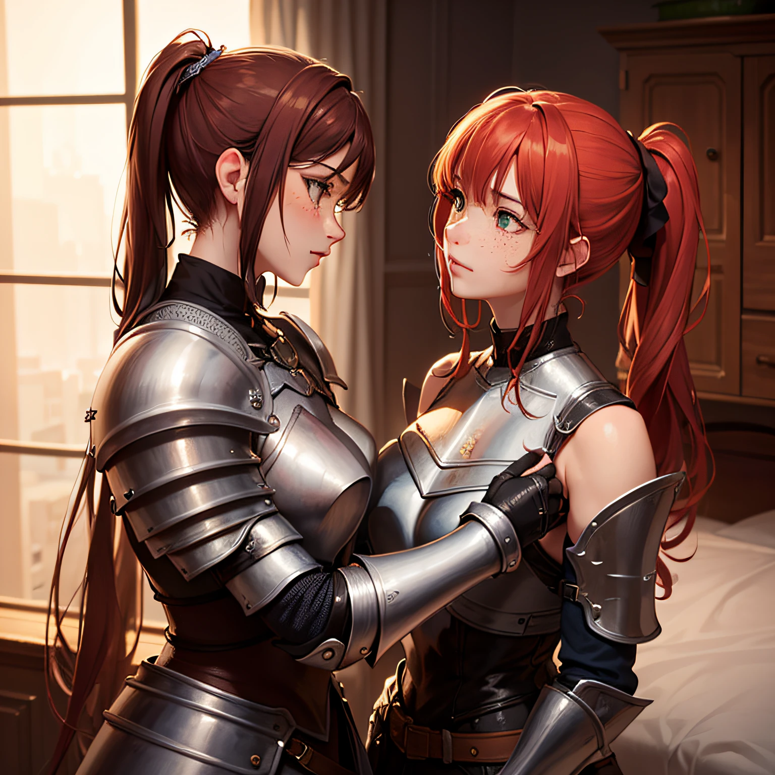 (masterpiece), (highly detailed face), (4K), (2girls), The focus is on a muscular dominant white female knight with medium length brown hair in a pony tail. She is wearing plate armor and has a flirt expression. She is leaning over a fit Scottish woman with straight red hair. The Scottish woman has green eyes and freckles on her face and is also wearing armor. Leaning close, lesbians, sexual tension.