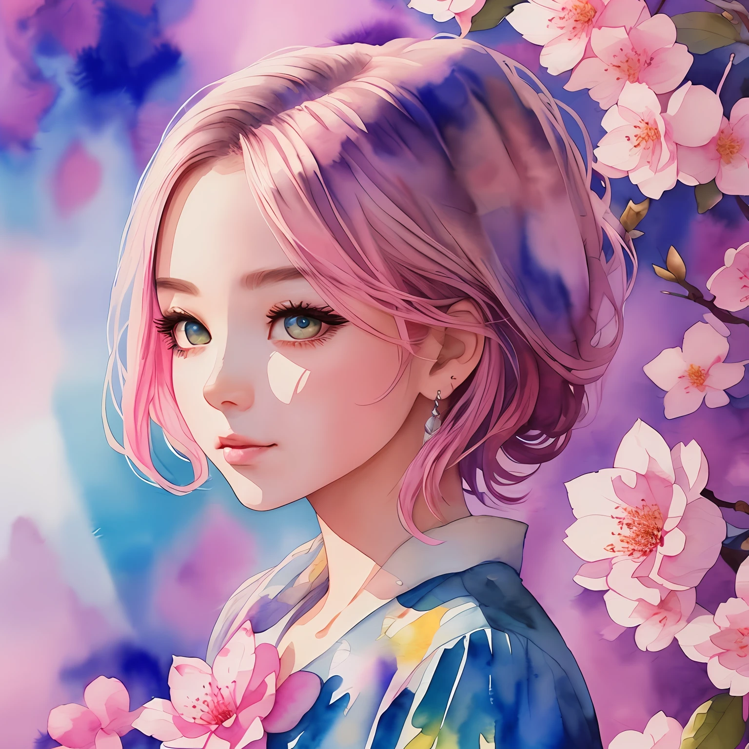 (Best Quality), (Masterpiece: 1.2), (Colorful: 0.9), (Ink Splash), (Color Splash), (Watercolor)), Sharp Focus, (Portrait Summer Goddess: 1.5), Cute Look, Elegant Pink Haircut, Beautiful and Detailed Face and Eyes, Elegant Clothes, Cherry Blossom Background, Colored Water