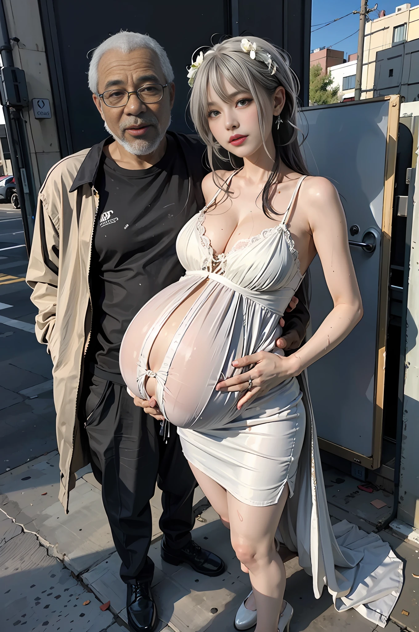 Realistic, HD, lifelike 4K treatment, on the street, sunshine, wind, blush, makeup, light smile, light white hair, white wedding dress, high heels, wet clothes, glowing, standing, thighs, strangle, tearful big eyes, bare shoulders, collarbone, narrow waist, big breasts, big breasts, low cut, sweat, pregnancy, pregnant woman, pregnant, there is a black old man behind her, seventy years old black man behind her, seventy years old black man holding the girl, seventy year old black man holding her tightly, The girl snuggled happily in the arms of an old black man, full body photo