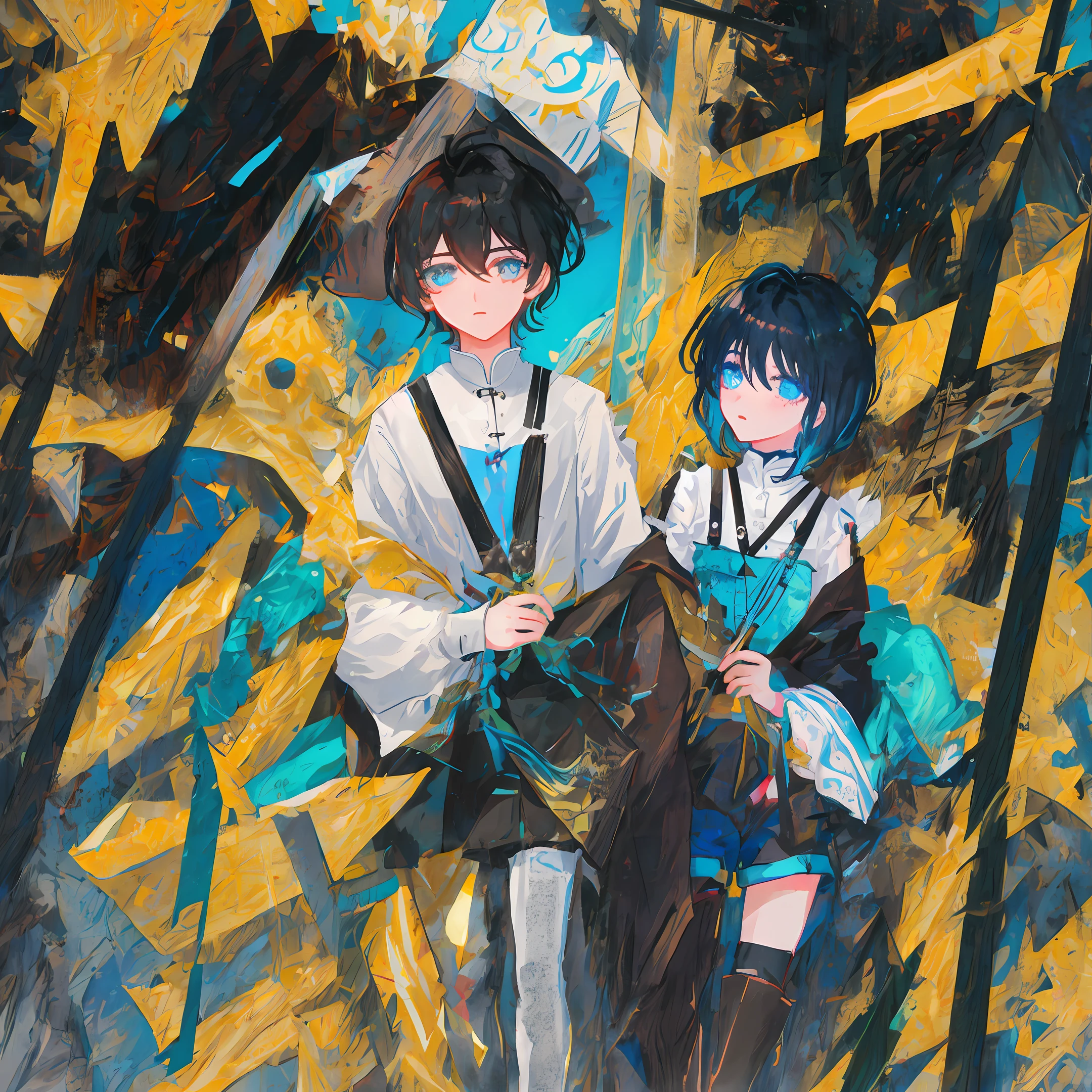 Heteropupil, yellow left eye, blue right eye, male, Zhengtai, tear nevi, black hair, short and medium hair, quadratic