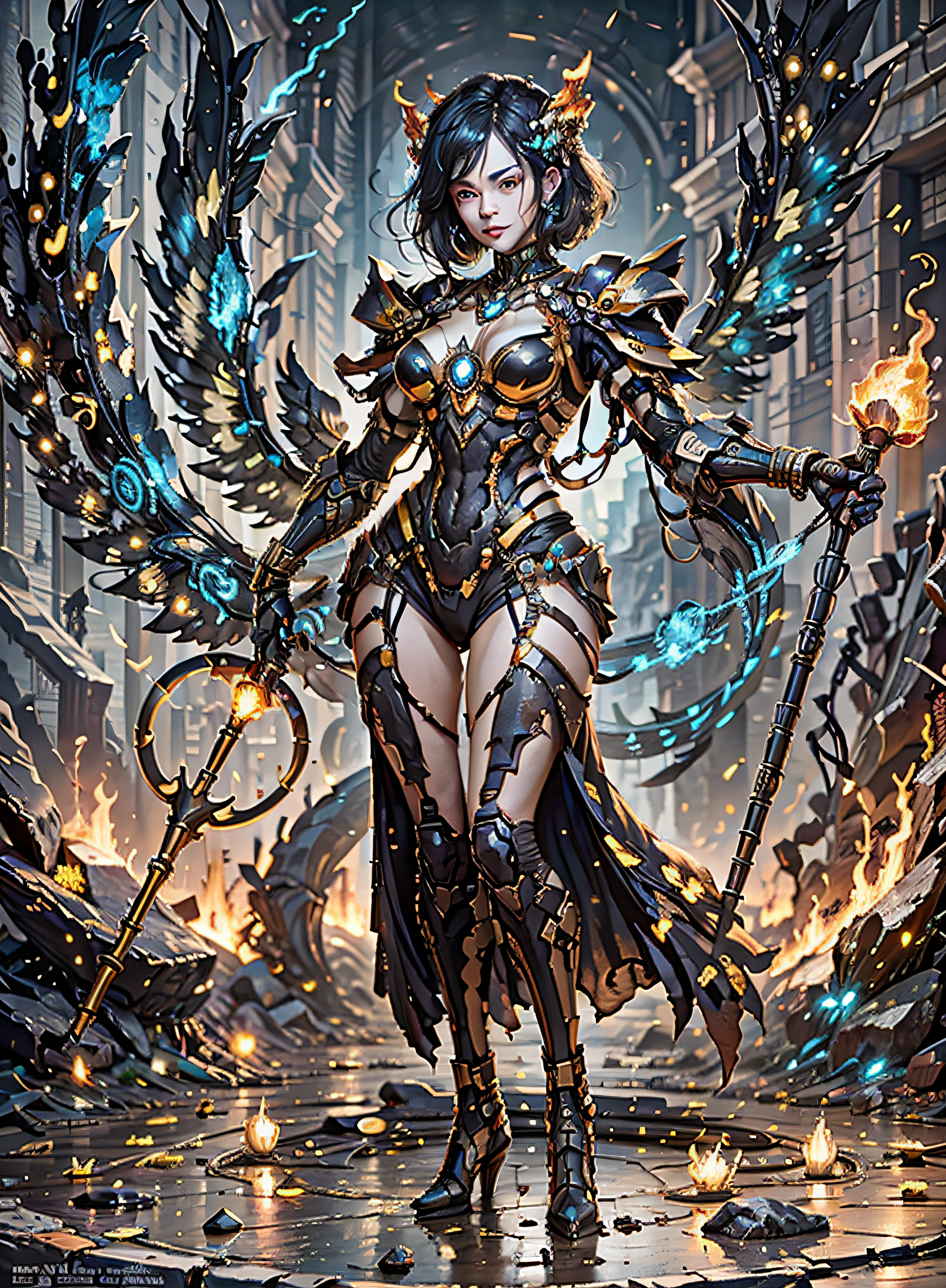 a beautiful demonic sorceress casting a fire spell,((holding a long golden majic staff)), full body, several burning currents around her,(((detailed perfect face))), light smile, beautiful face, seductive body, tall body, mature body, full body, burning aura BREAK, fireballs, dazzling orange and yellow spark around, little blue phoenix flying in the background,  lava on the floor, magma, sexy body BREAK, detailed, realistic, 8k highly detailed digital art, octane rendering, bioluminescent, BREAK 8K concept art resolution, realism, by studios Mappa, masterpiece, best quality, official art, illustration, ligne claire, (cool_color), perfect composition, absurdists, fantasy, focused, rule of thirds,
