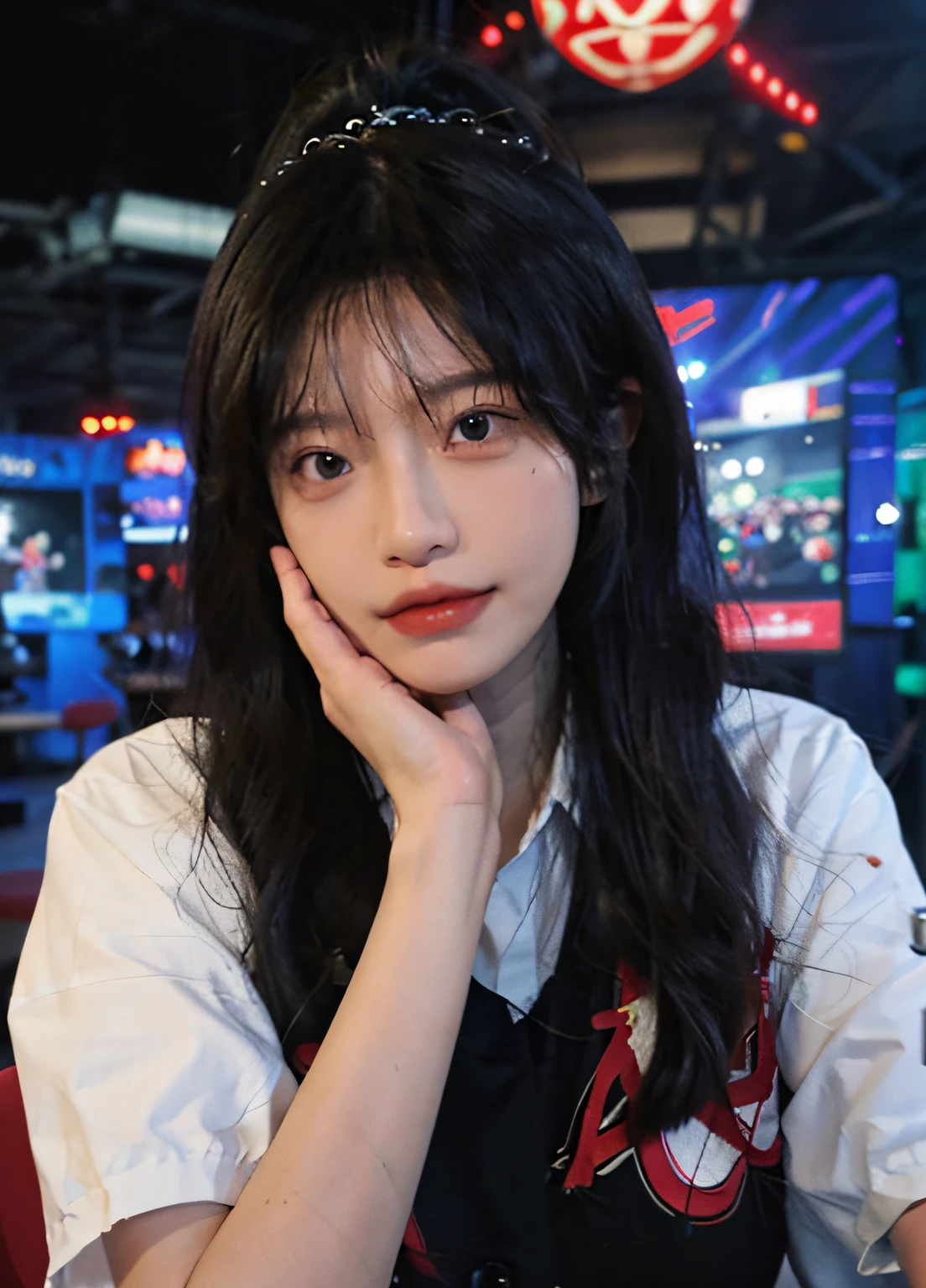 Best Quality, Masterpiece, Ultra High Resolution, (Realistic: 1.4), 1 Girl, Sexy, (Showy: 1.4), (Big: 1.3), (Upper Body: 1.4), Esports Girl