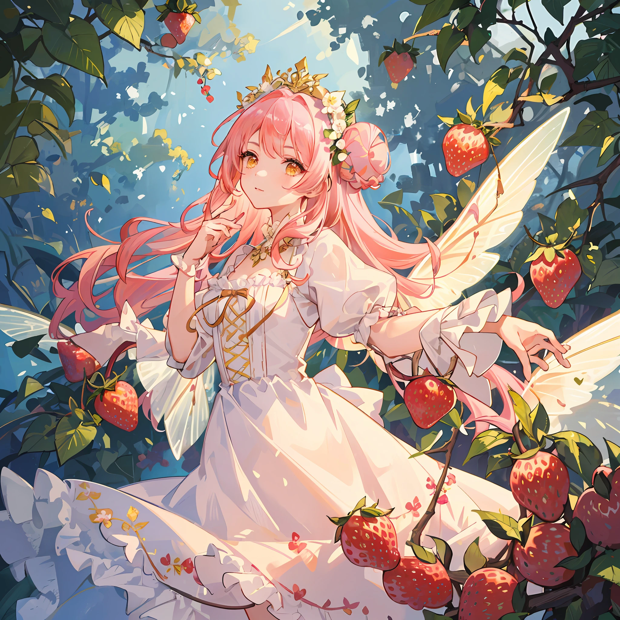 1girl. (masterpiece, best quality, ultra-detailed), strawberry garden, big berries, strawberry fairy, long white and pink embroided lace dress, pink flowy hair with buns, yellow eyes, flower crown, iridescent fairy wings, sunlight, Volumetric light.