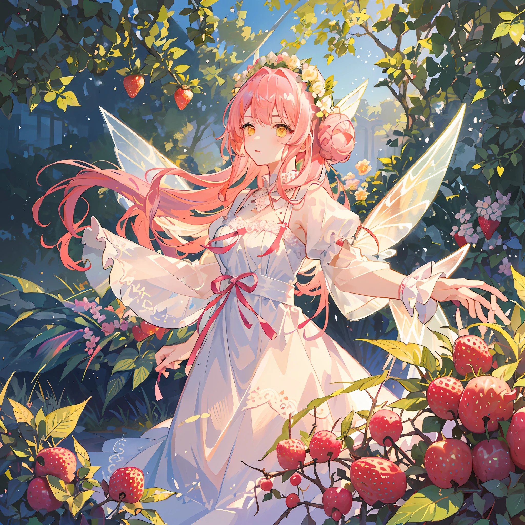 1girl. (masterpiece, best quality, ultra-detailed), strawberry garden, big berries, strawberry fairy, long white and pink embroided lace dress, pink flowy hair with buns, yellow eyes, flower crown, iridescent fairy wings, sunlight, Volumetric light.