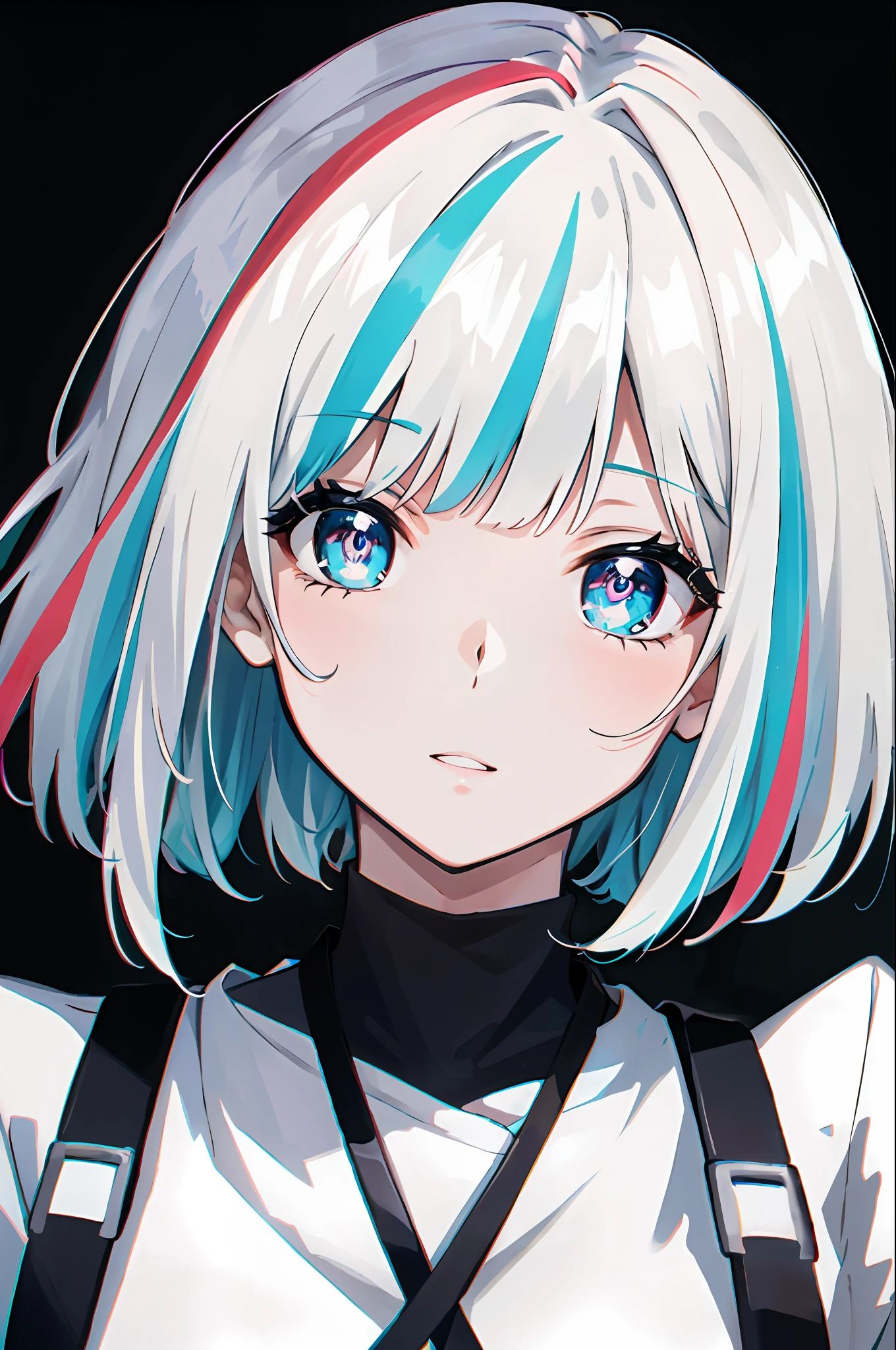 close up shot, eye close up, ((masterpiece)), ((ultra-detailed)), pixiv, best shadows, best lighting, best quality, cinematic shot, 1girl, solo, bangs, black background, portrait, short hair, blunt bangs, parted lips, ((two-tone hair)), looking at viewer, white hair, ((colorful eyes)), chromatic aberration, simple background
