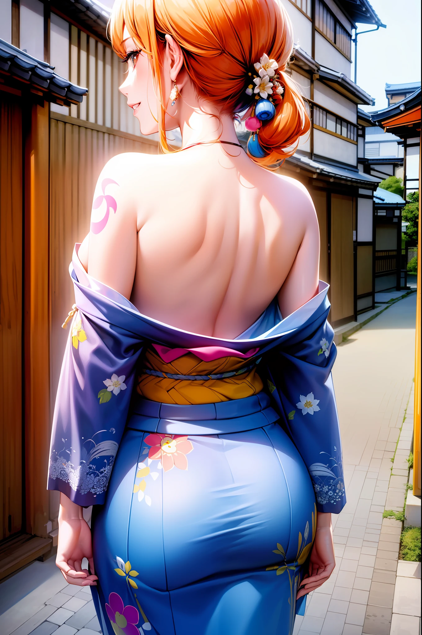 ultra realistic 8k cg, masterpiece, ((ultra detailed background, delicate pattern, intricate detail)), (highly detailed, fine details), best quality, (photorealistic:1.4),beautiful lighting, absurdres, RAW photo, film grain, ((medium breasts, slim girl)), NamiChan, 1girl, orange hair, solo, long hair, jewelry, ((medium breasts, slim girl, japanese clothes, kimono, left shoulder tattoo)), hair ornament, brown eyes, smile, earrings, (complex detailed background, outside, urban environent, traditional japanese town environment, japanese buildings, cowboy shot, from behind, showing ass),