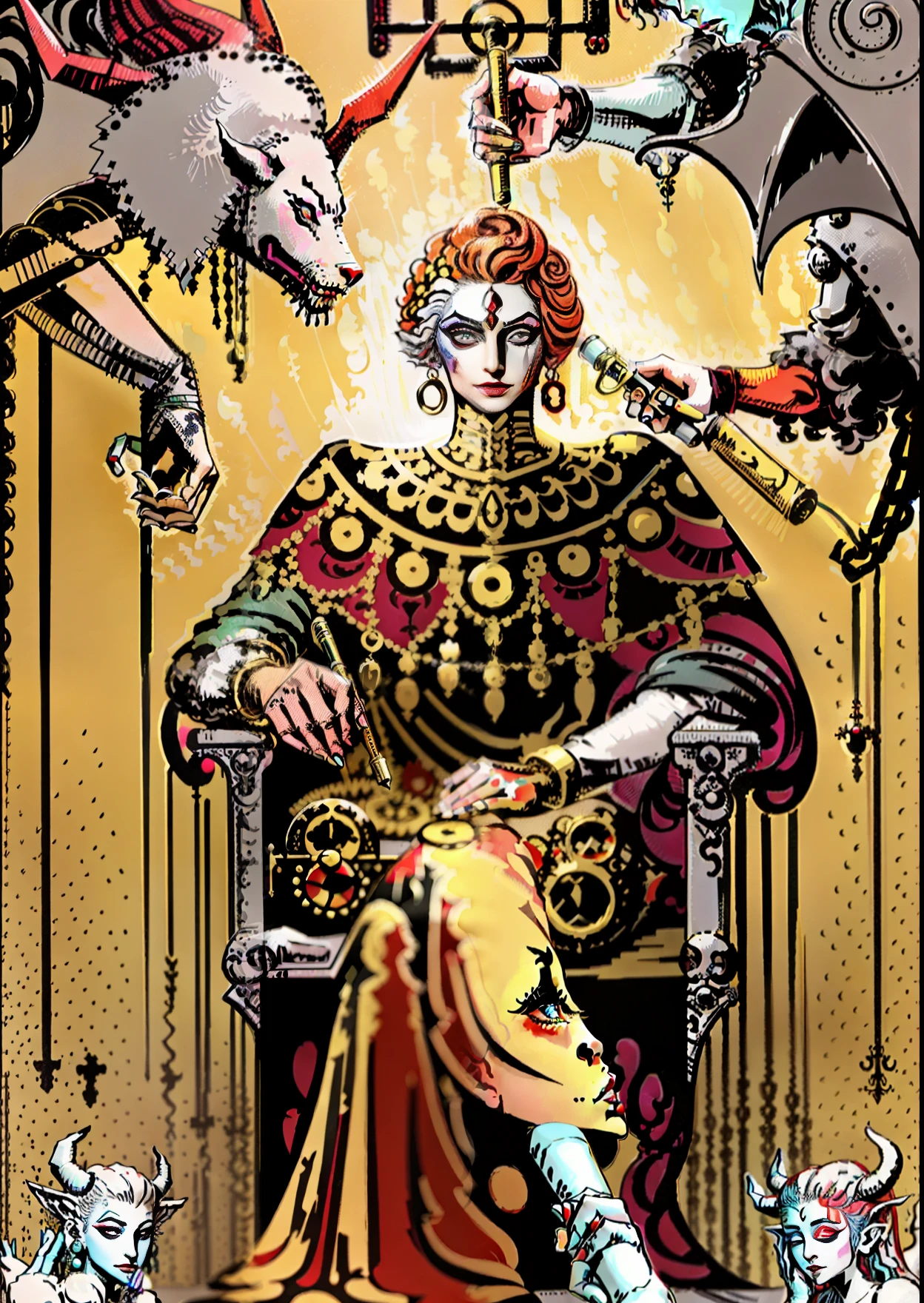 Make a tarot-style image of a human makeup artist sitting in a chair in front of a mirror helping a demon to put on makeup, this human makeup artist holds a lipstick in his left hand and a small mirror in his right hand