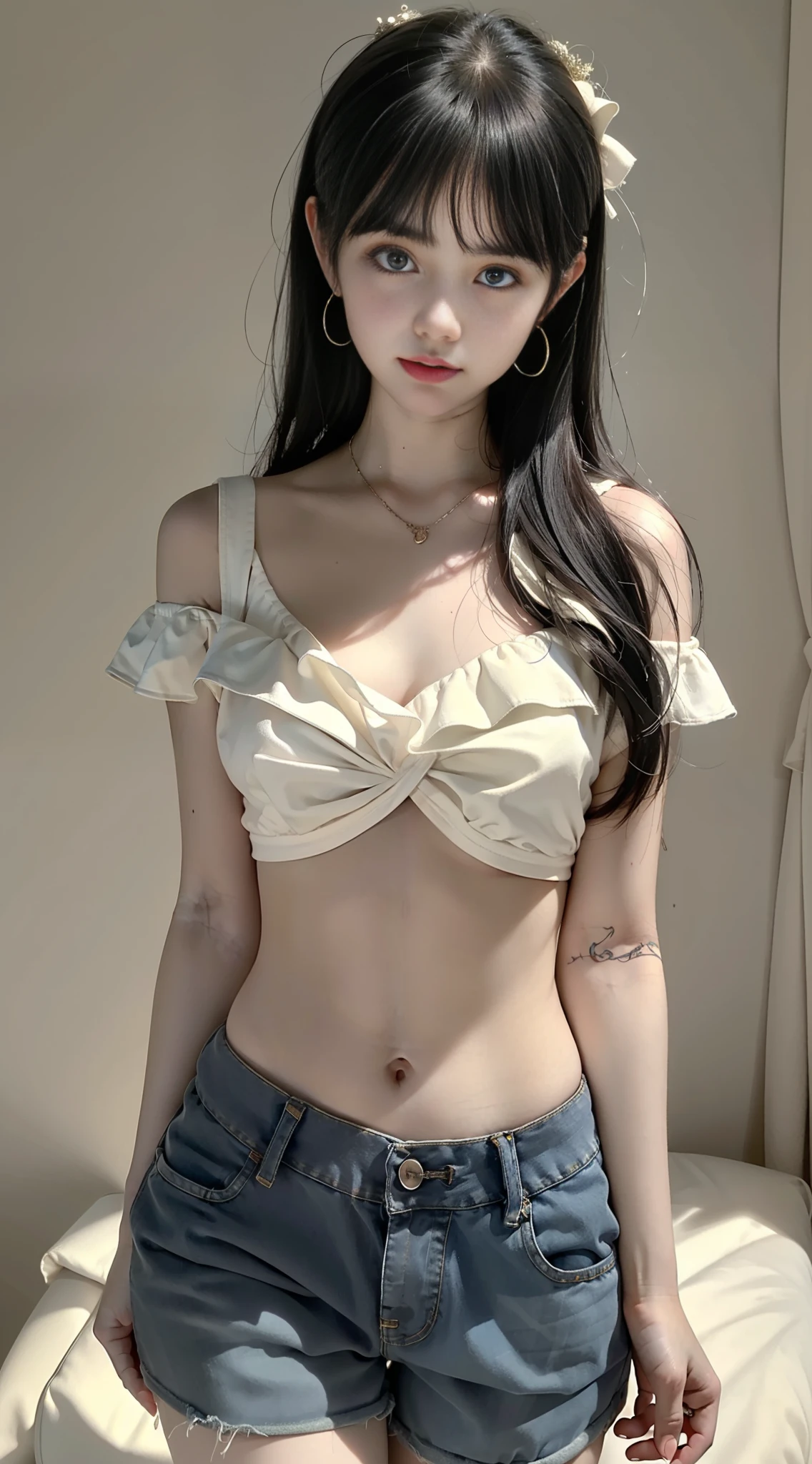 Best quality, masterpiece, 4k ultra high resolution, (realism: 1.4), original photo, 1girl, off-the-shoulder, wearing ultra-thin short little tank top, revealing pretty girly abs, crop navel, wearing ultra-short denim shorts, in the dark, deep shadow, low-key, cold light