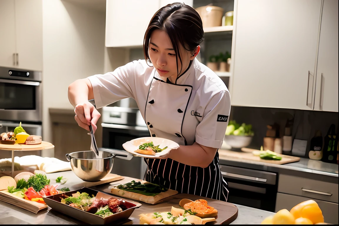 chef preparing food in a kitchen with a variety of dishes, inspired by Lu Guang, best chef, inspired by Pan Tianshou, inspired by Zhang Zongcang, inspired by Luo Ping, longque chen, inspired by Liu Haisu, inspired by Guo Chun, inspired by Miao Fu, mu pan, inspired by Huang Guangjian