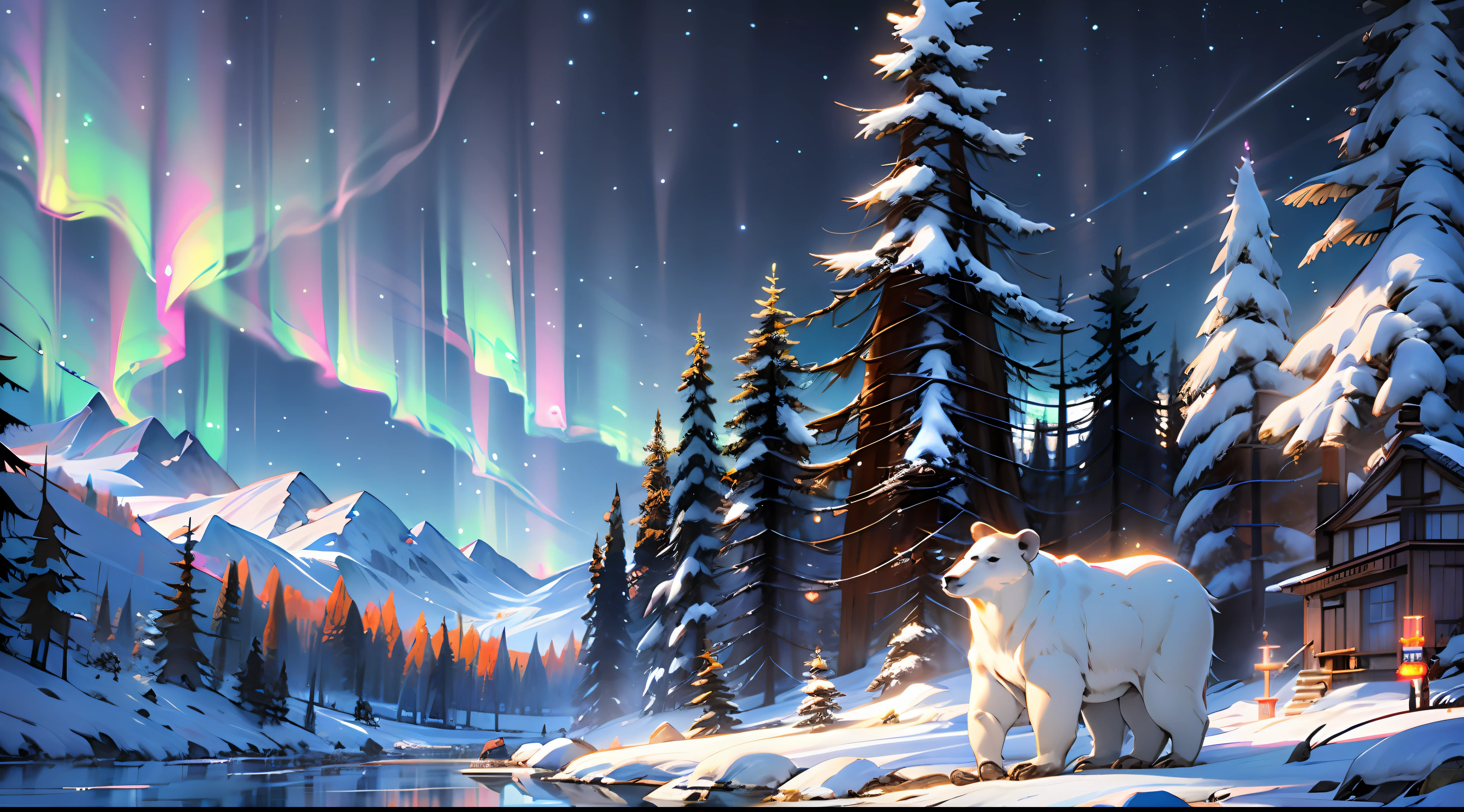 Ultra fine 8K, best quality, highly detailed, masterpiece, reality, rich detail, polar bear couple, snuggle, heating, snow, icy snow, river, lake, iceberg, aurora, starry sky, shooting star,