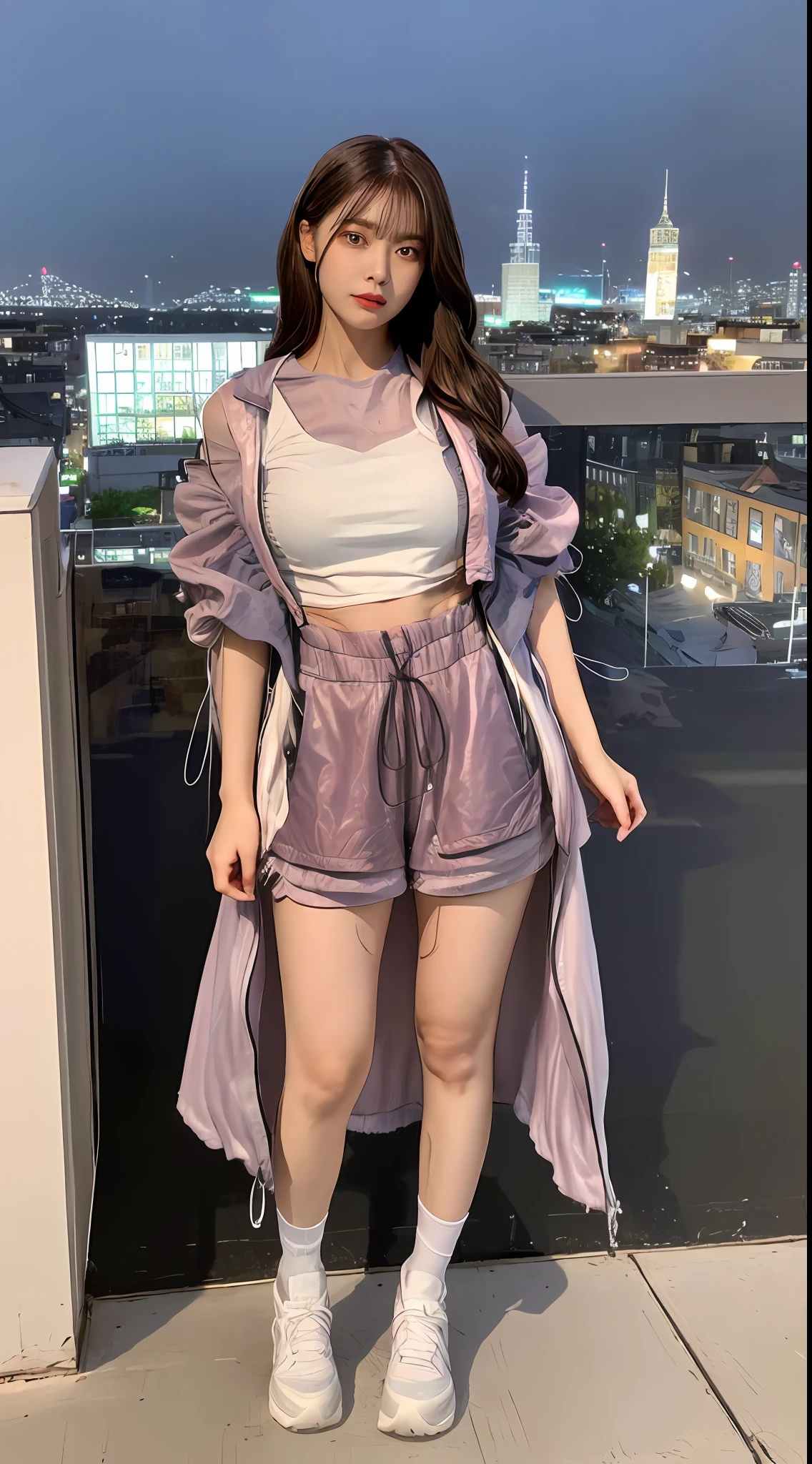 ((Midnight, Best Quality, 8k, Masterpiece :1.3)), Full Body, Long Legs, Sharp Focus :1.2, A Beautiful Woman with Perfect Figure :1.4, Slim Abs :1.1, ((Dark Brown Hair, Gigantic Breasts :1.2)), (Tight White Tshirt, Jean Bib, Standing: 1.2), ((Night View of the Neighborhood, Rooftop: 1.3)), Highly Detailed Face and Skin Texture, Detailed Eyes, Double Eyelid