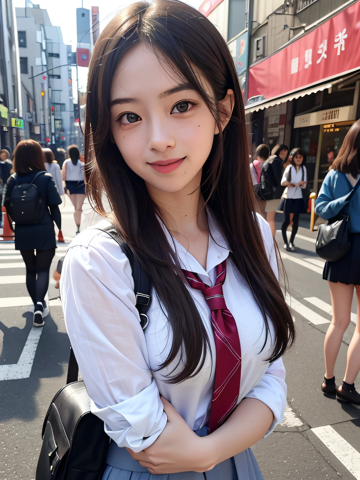 1girl, Tokyo streets, cityscape, upper body, 8k, RAW photo, best quality, masterpiece, real, photorealistic, smile, schoolgirl uniform, cute,