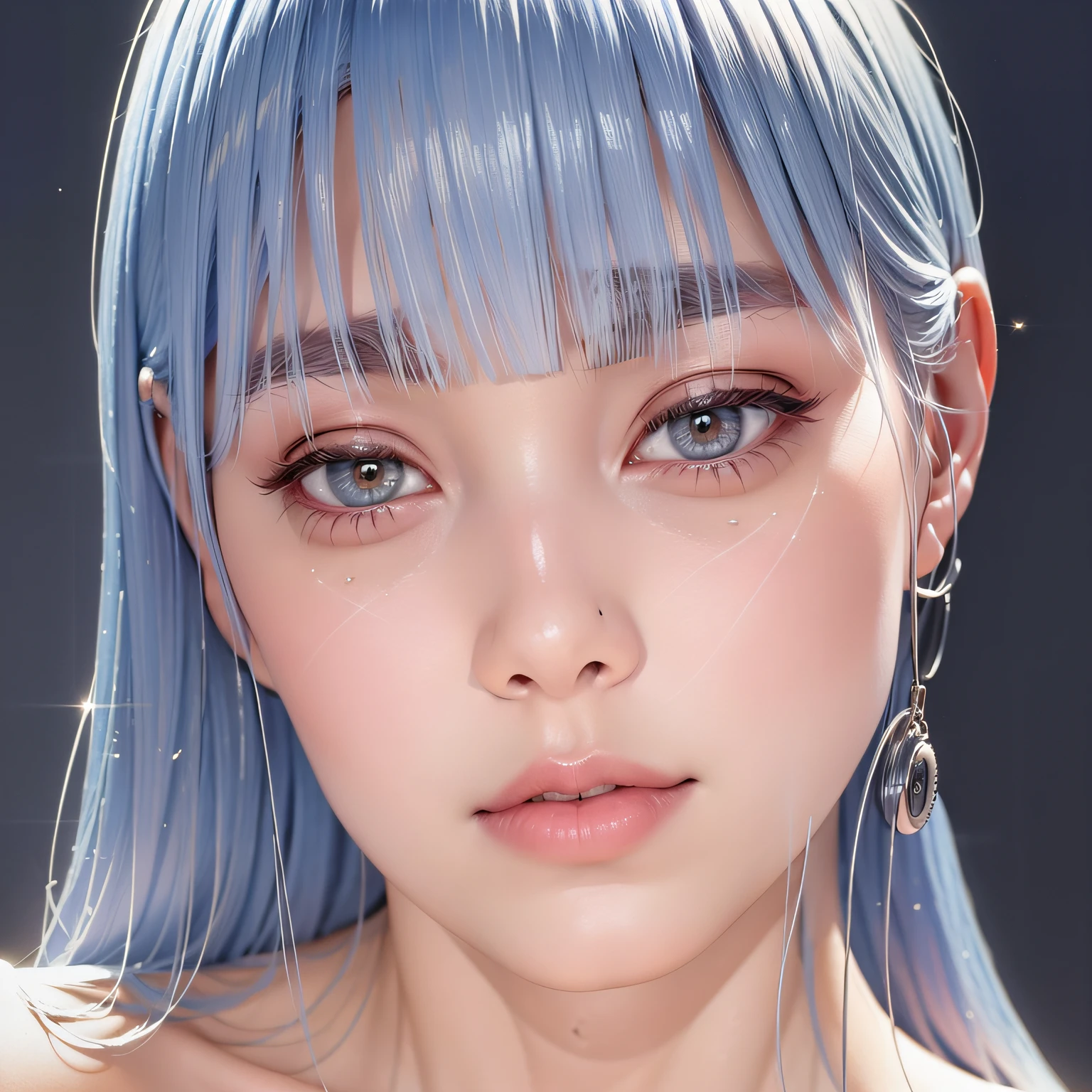 masterpiece, ultra realistic, top quality, young woman, western face, long light blue hair, no bangs, eyebrows of the same hair color and eyelashes --auto
