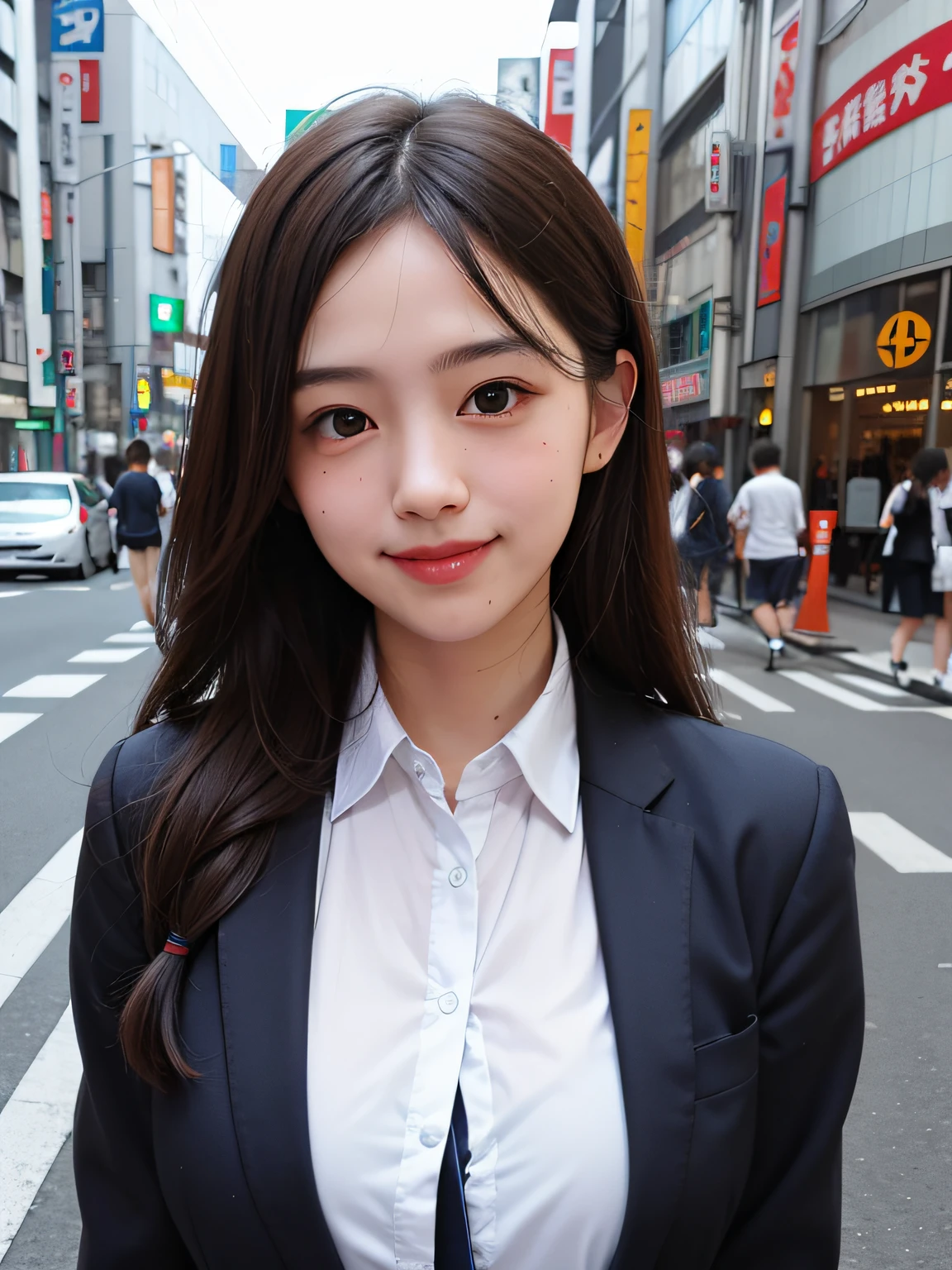 1girl, Tokyo streets, cityscape, upper body, 8k, RAW photo, best quality, masterpiece, real, photorealistic, smile, schoolgirl uniform, cute,