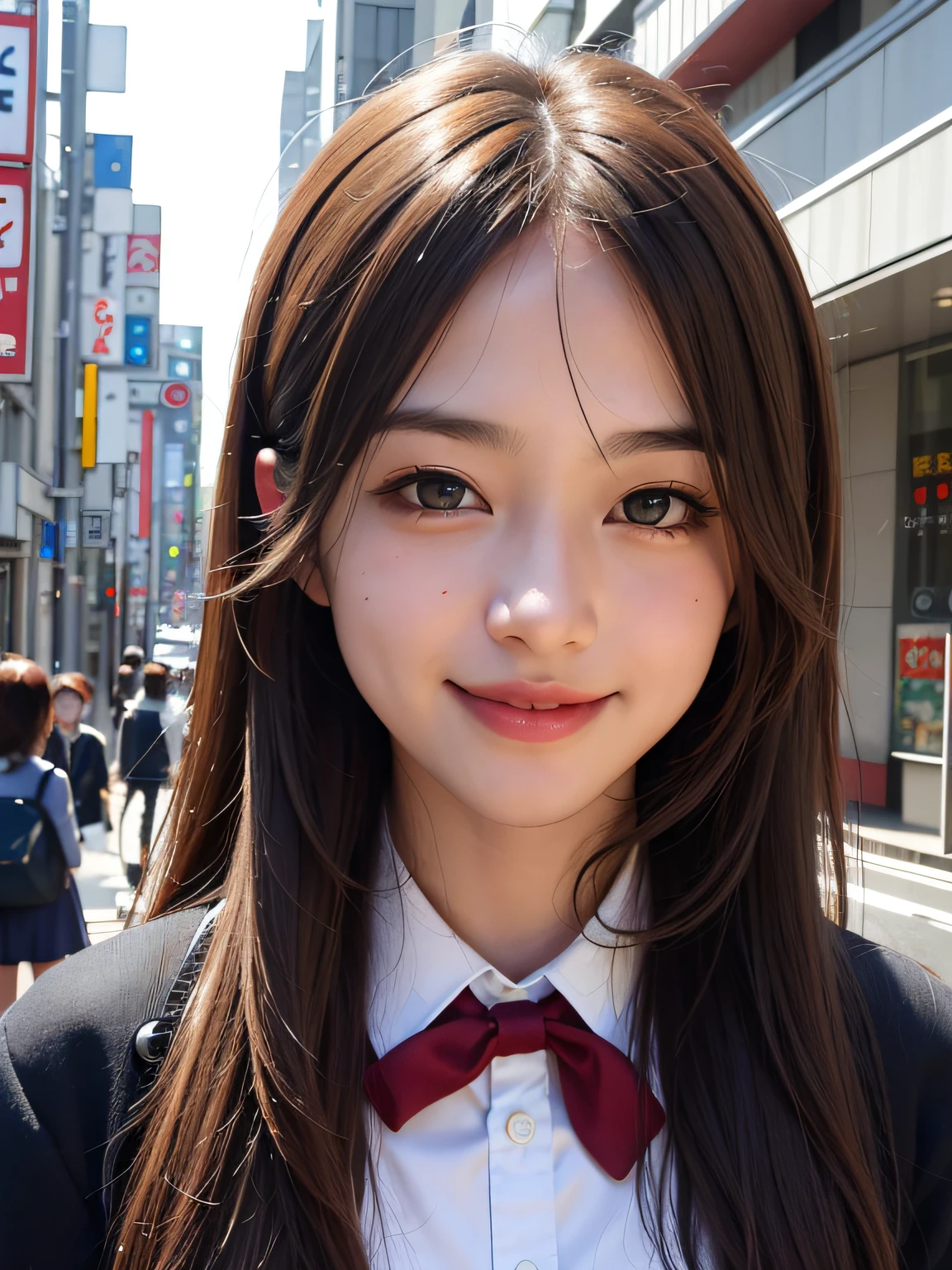 1girl, Tokyo streets, cityscape, upper body, 8k, RAW photo, best quality, masterpiece, real, photorealistic, smile, schoolgirl uniform, cute,