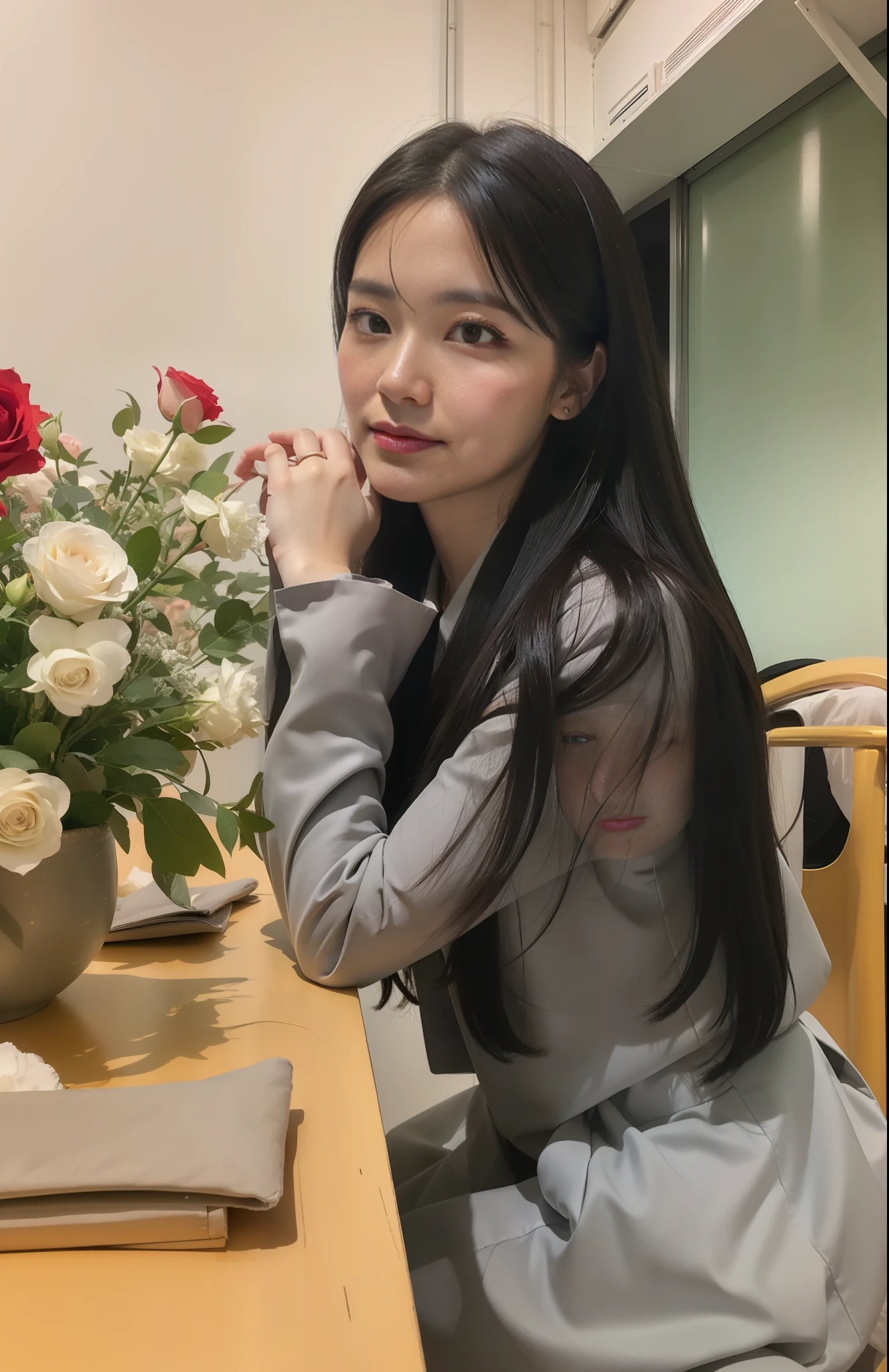 Best quality, masterpiece, super high resolution, (realistic: 1.4), original photo, edited photography, fantasy art
(A woman in her 30s), a woman standing on the path of Graden, (half: 1.3), black hair, short hair, sympathetic face, brown eyes. A faint smile, looking at the audience, (red suit: 1.2), (white shirt), black silk dress, (colorful and dense flower clusters: 1.3). (bright flower color: 1.3, red rose: 1.2, floating skaura_petals) smoke, real-world location, deep contrast, depth of field, dark background, break award-winning photograph, neoism, exposure blend, bokeh, (hdr:1.4), high contrast, (cinematic light), (muted colors),sony A7,F2.4, low saturation, (hyperdetailed:1.2), (noir:0.4)