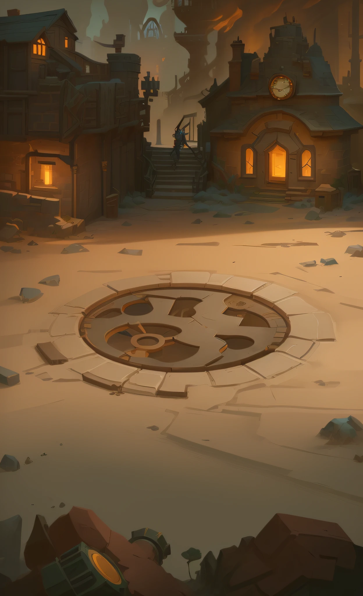 cartoon illustration of a man standing in a courtyard with a clock, sewer background, background art, stylized concept art, volcanic workshop background, odin's stone arena background, in a dungeon background, dungeon background, steampunk factory background, arena background, hearthstone concept art, random background scene, stylized game art, background artwork, steampunk desert background, blizzard hearthstone concept art