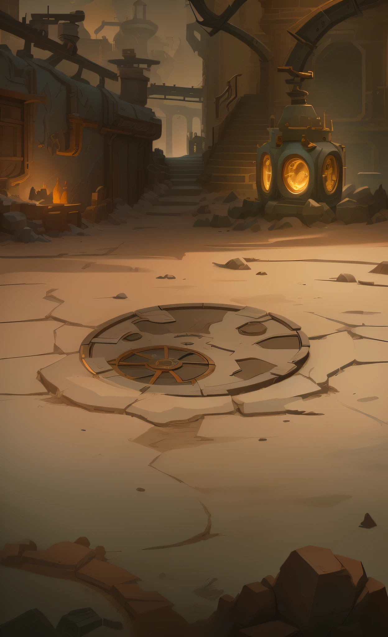 cartoon illustration of a man standing in a courtyard with a clock, sewer background, background art, stylized concept art, volcanic workshop background, odin's stone arena background, in a dungeon background, dungeon background, steampunk factory background, arena background, hearthstone concept art, random background scene, stylized game art, background artwork, steampunk desert background, blizzard hearthstone concept art