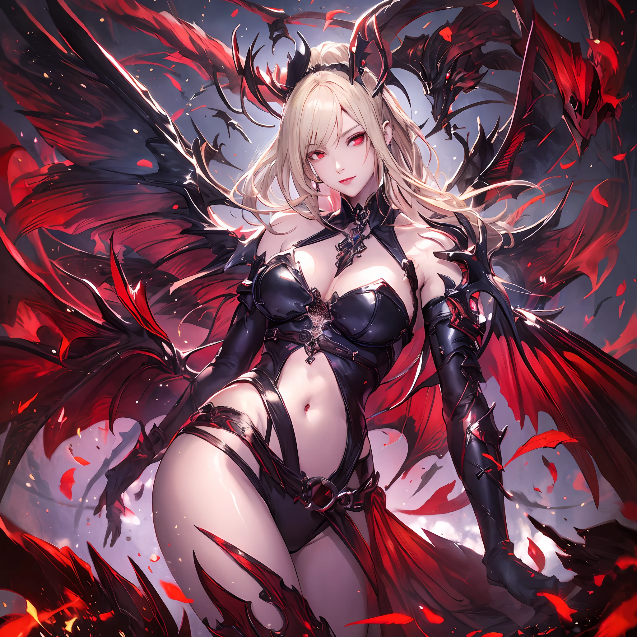 masterpiece, best quality, 1woman, adult, female focus, solo, light blonde hair, long hair, vibrant red eyes, looking at viewer, closed mouth, bangs, Fantasy aesthetics, Highly detailed, shadowverse style, full body, raven winged female vampire, beautiful succubus, epic exquisite character art, beautiful elegant demon queen, succubus, demon anime girl