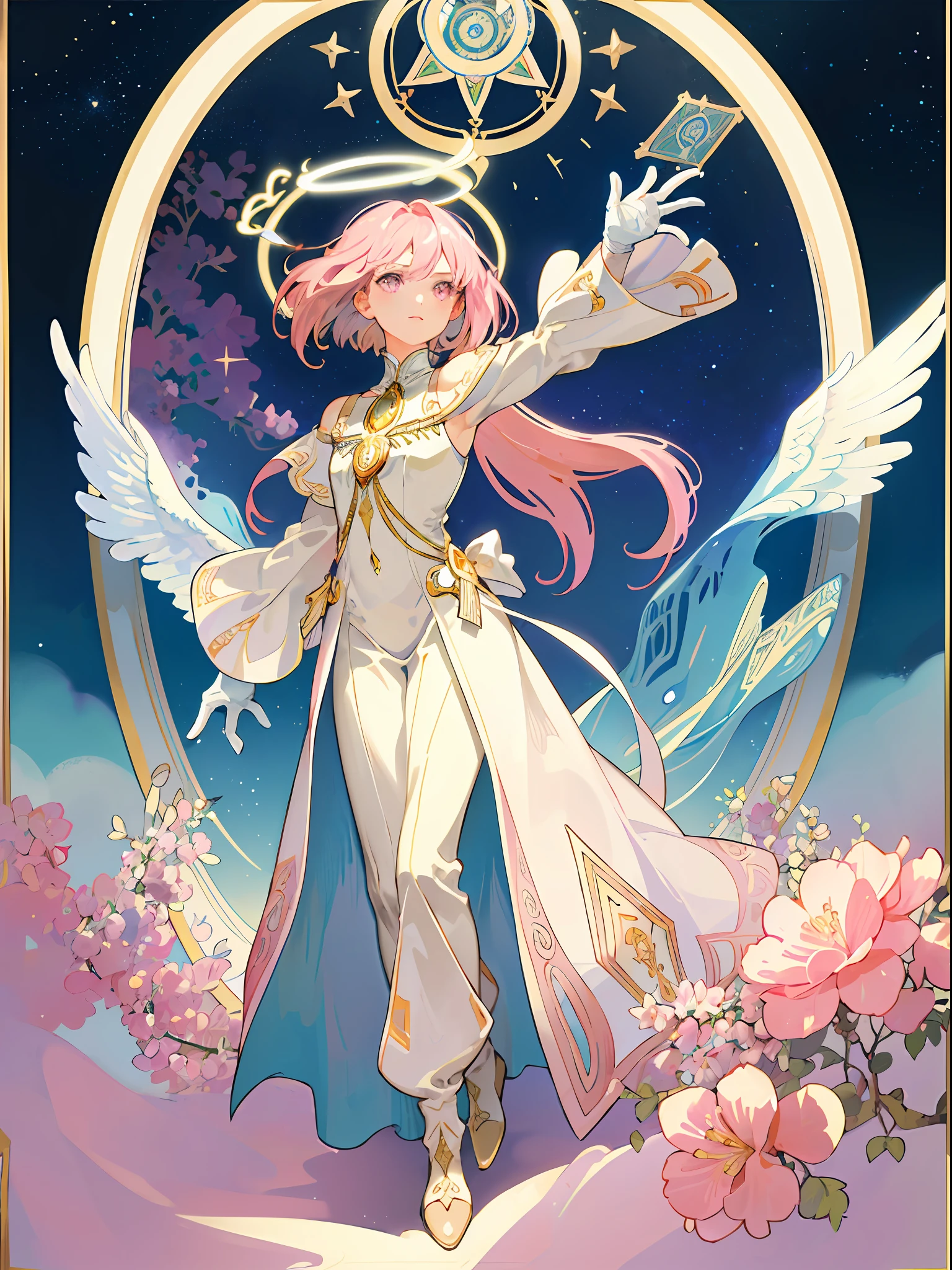 ((masterpiece,best quality)),(1girl, solo:1.4),beautiful detailed eyes, vivid, cinematic light, full_body, pink_flowers, (tarot_card), intricate, detailed background, looking_at_viewer, Madoka Kaname, hands reaching out, (flat chest), (walking), casual pose, posing, (white_gloves), (pink_eyes), white feathers, sparkles, glitter, celestial, outerspace, by alphonse mucha, (gold frame), halo, (tarot border)
