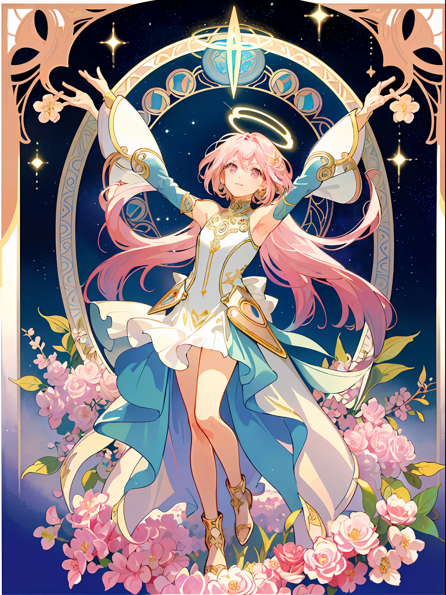 ((masterpiece,best quality)),(1girl, solo:1.4),beautiful detailed eyes, vivid, cinematic light, full_body, pink_flowers, (tarot_card), intricate, detailed background, looking_at_viewer, Madoka Kaname, hands reaching out, (flat chest), (walking), casual pose, posing, (white_gloves), (pink_eyes), white feathers, sparkles, glitter, celestial, outerspace, by alphonse mucha, (gold frame), halo, (tarot border)