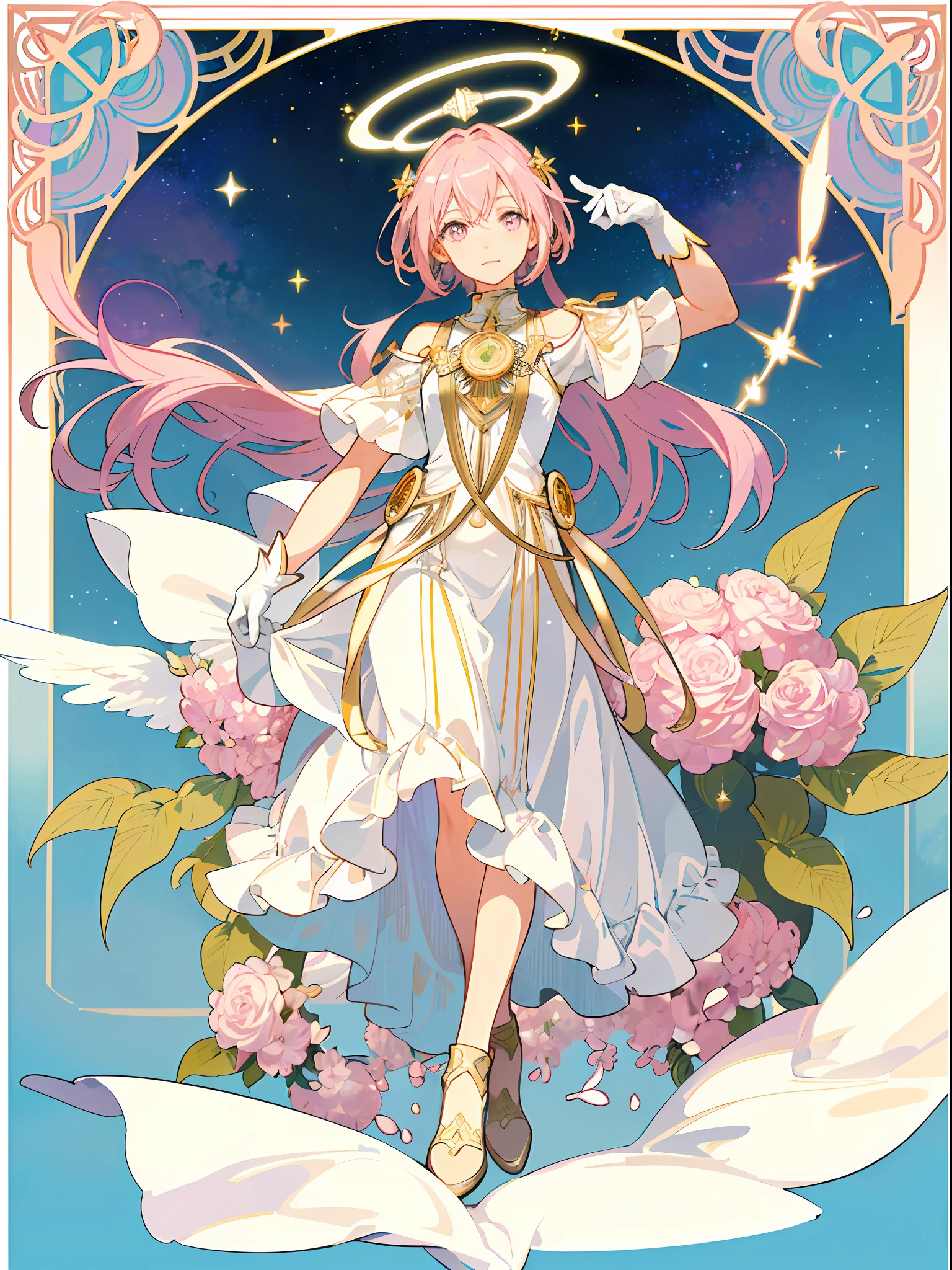 ((masterpiece,best quality)),(1girl, solo:1.4),beautiful detailed eyes, vivid, cinematic light, full_body, pink_flowers, (tarot_card), intricate, detailed background, looking_at_viewer, Madoka Kaname, hands reaching out, (flat chest), (walking), casual pose, posing, (white_gloves), (pink_eyes), white feathers, sparkles, glitter, celestial, outerspace, by alphonse mucha, (gold frame), halo, (tarot border)