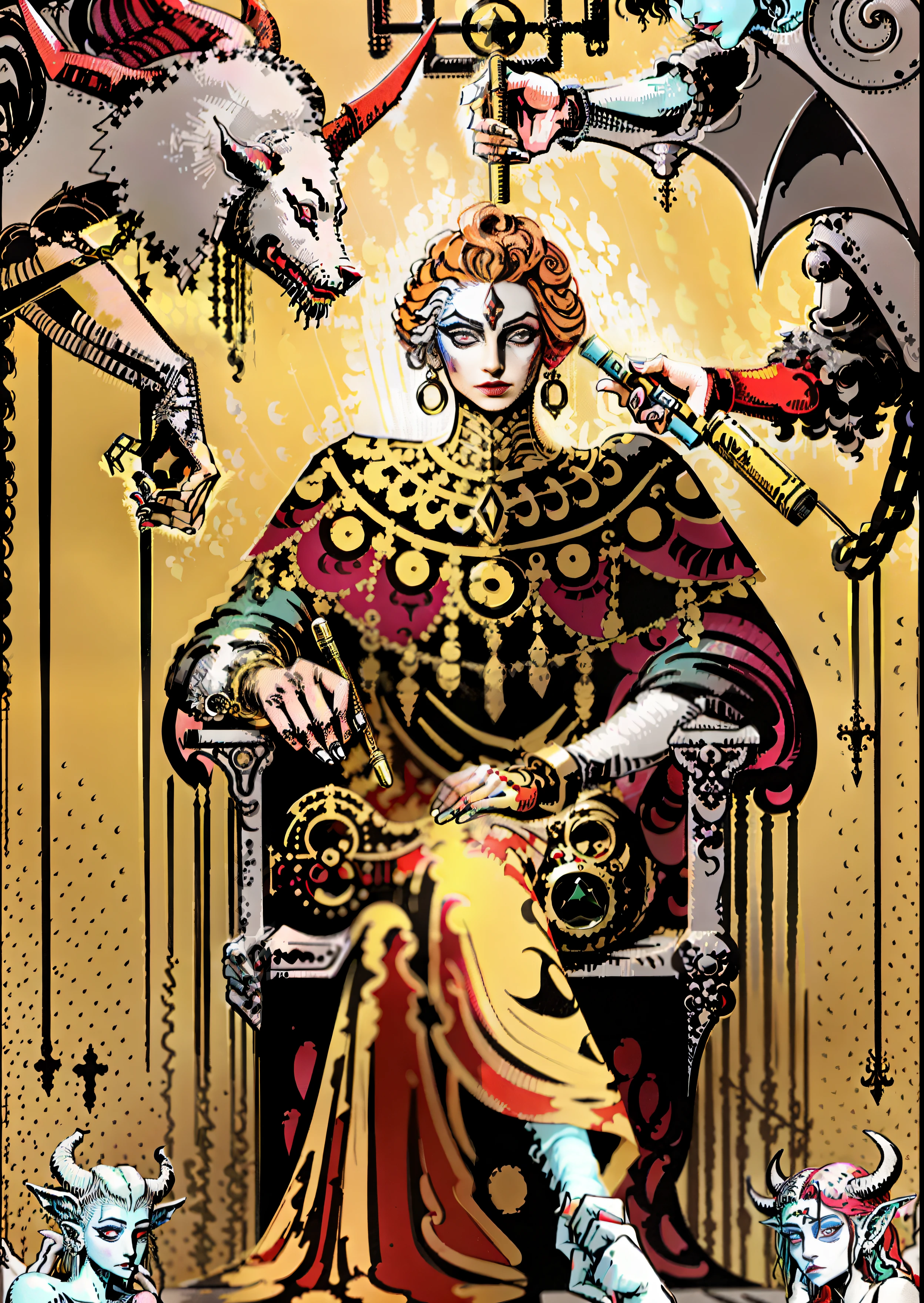 Make a tarot-style image of a human makeup artist sitting in a chair in front of a mirror helping a demon to put on makeup, this human makeup artist holds a lipstick in his left hand and a small mirror in his right hand