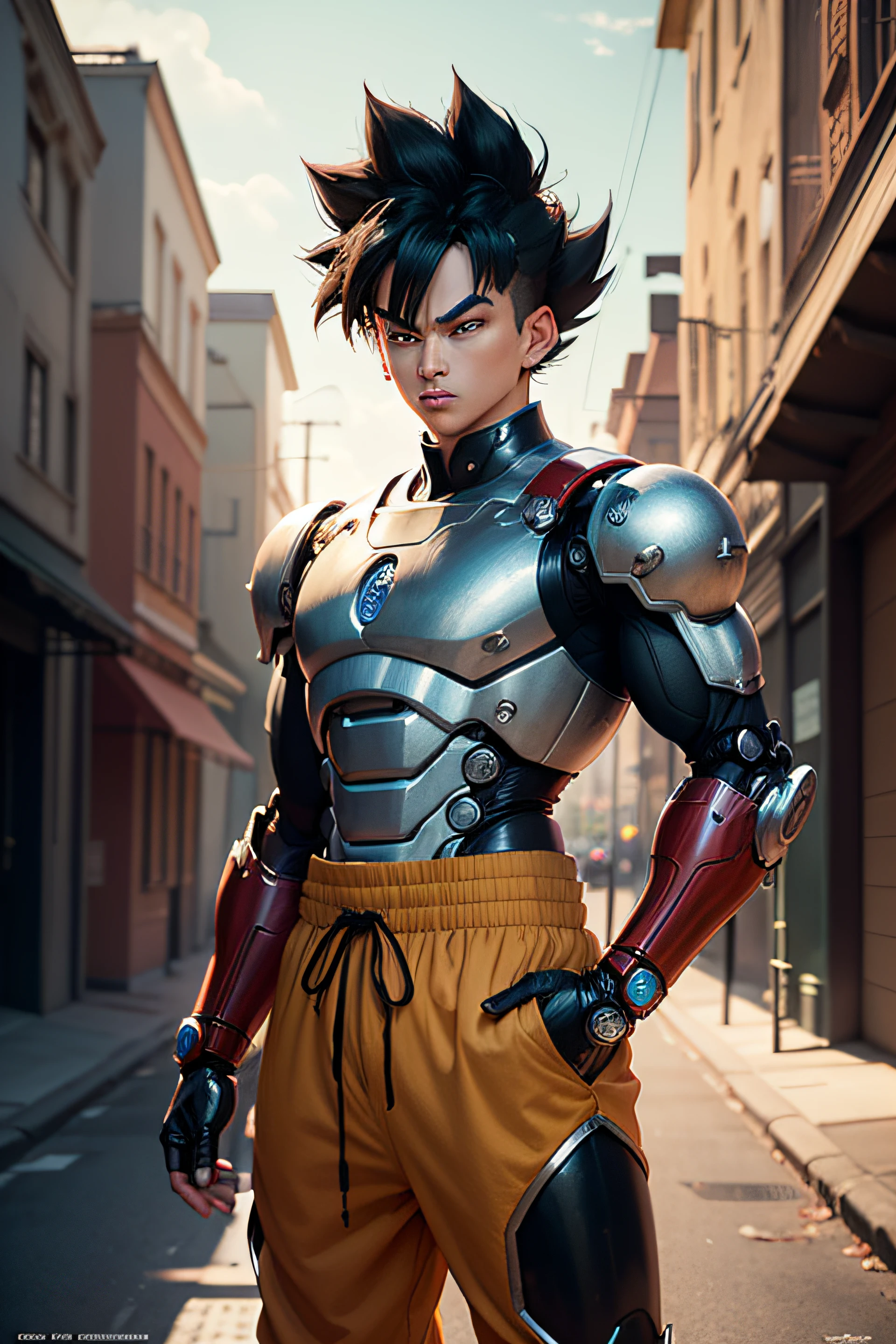 (Wallpaper, (Fashion magazine cover: 1.3)) anime - style image of a man with a sword and a red shirt, Dragon Ball concept art, Akira Toriyama style, Dragon Ball art style, advanced digital anime art", highly detailed portrait of Goku, Toriyama Akira, detailed anime character art, inspired by Akira Toriyama,  Goku portrait, stunning character art, Dragon Ball style (1 man, mechanical marvel, robotic presence, cyber guardian, with a worn mechanical suit, intricate, ([rusty] steel metal), elegant, clear focus, shot by Greg Rutxowski, soft lighting, vibrant colors, masterpiece, ((street)) --auto