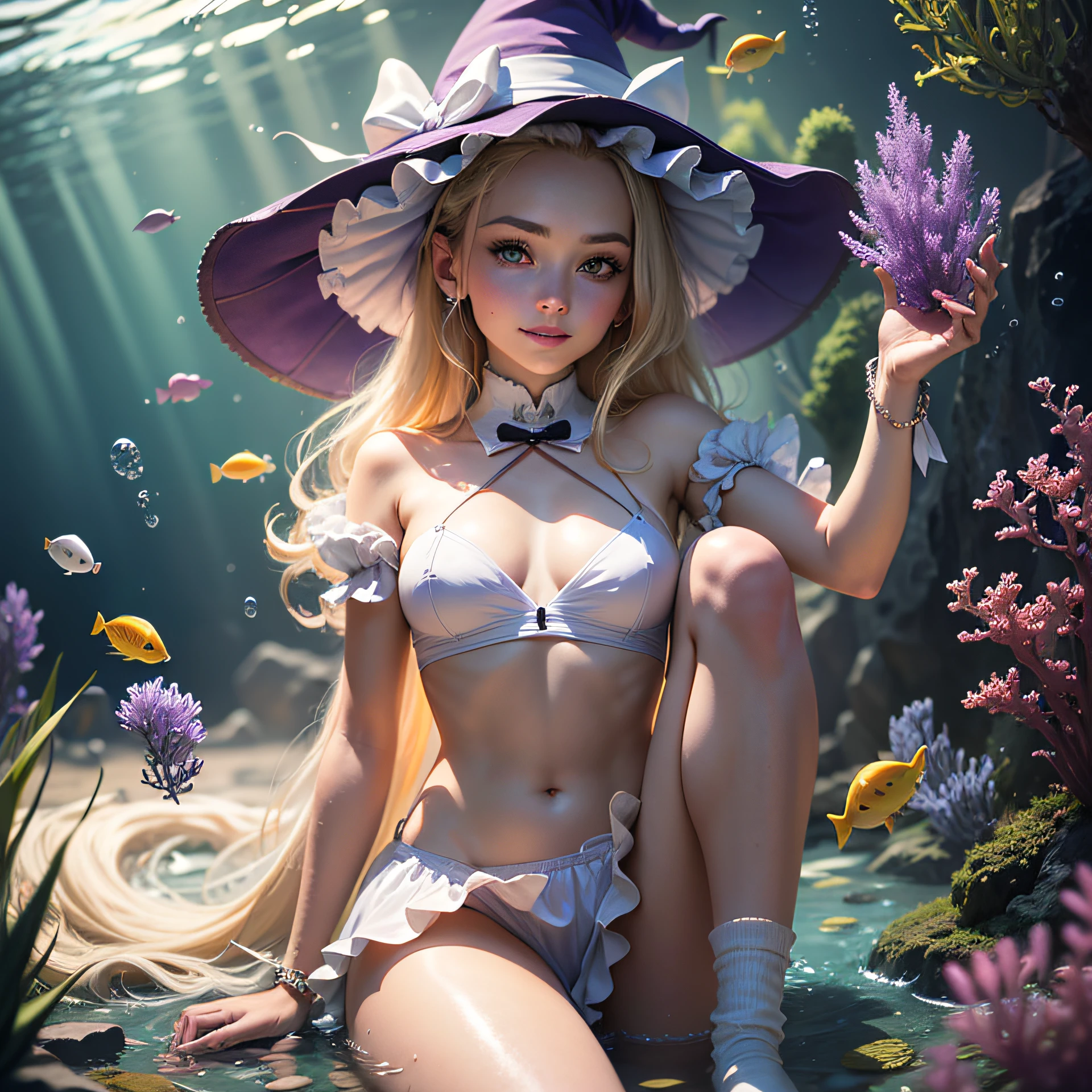 (masterpiece, best quality, detailed glossy skin: 1.2), flawless, 8k, RAW, highres,1girl, petite, medium breasts, long hair, blonde hair, (witch hat), (light smile), purple eyes, (star-shaped pupils), (underwater, algae, aquarium), looking at the viewer, solo, alice in wonderland short dress, (no panties), long socks, transparent white socks, broom, floating,  Rim lights, cinematic lighting, ((splash water)), long legs, pin up pose, neckline
