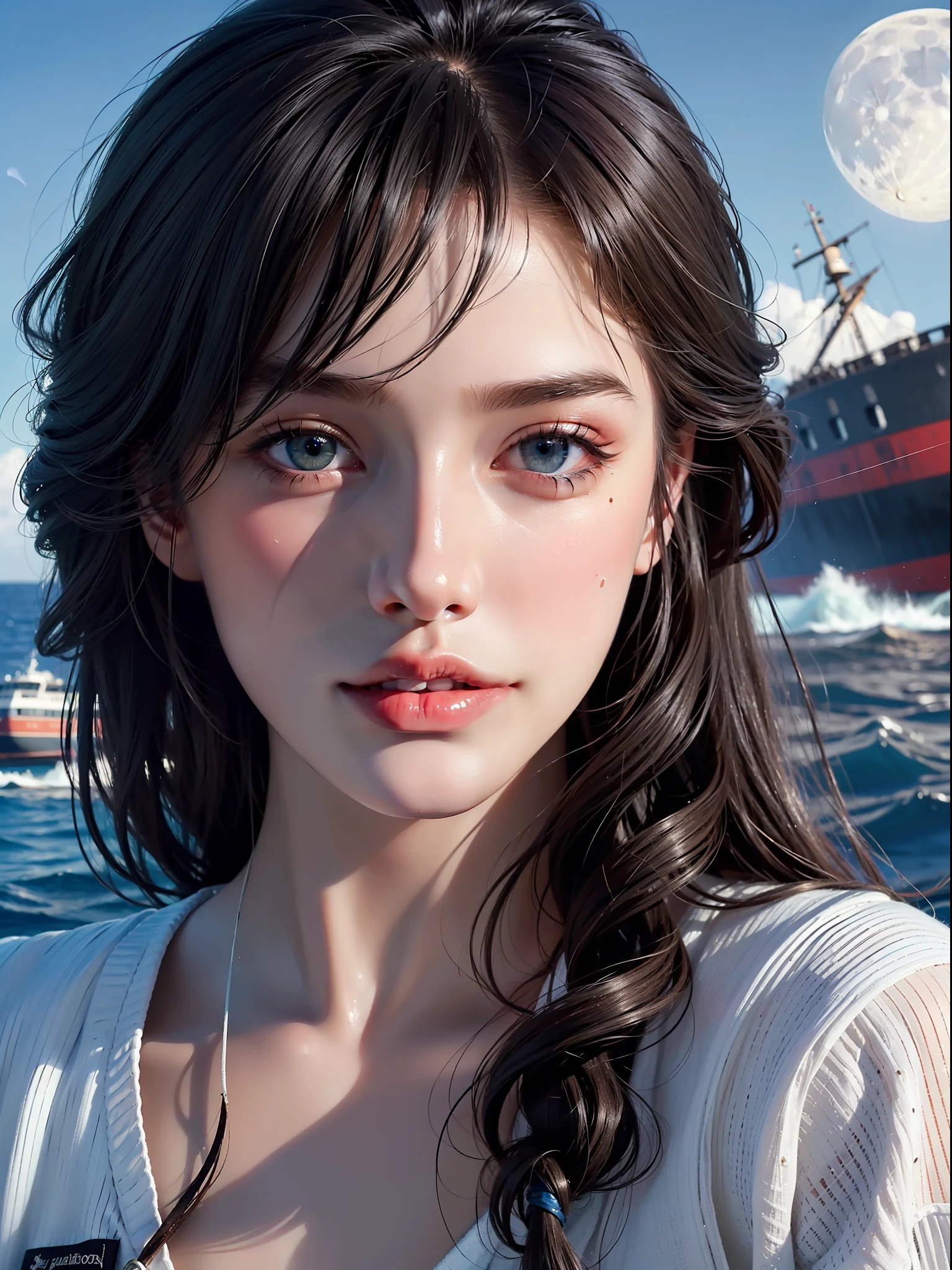 (hyperrealistic), (illustration), (high resolution), (8K), (extremely detailed), (best illustration), (beautiful detailed eyes), (best quality), (super detailed), (masterpiece), (wallpaper), (detailed face), solo, (dynamic pose), 1 sailor, black hair,Portuguese, heterochromic blue eyes, boat, ((shipwreck)) (full moon), (sea), broken