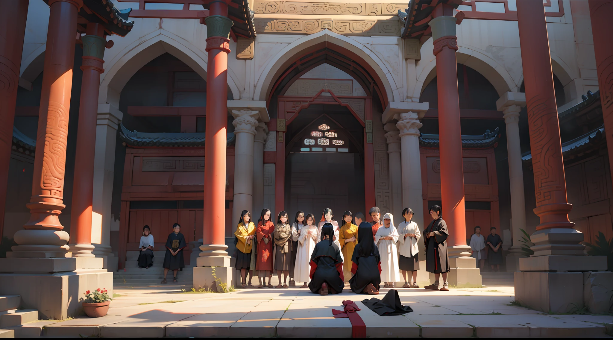31, (many people) (many agers in black clothes kneel outside the sacred gate) (background: in the sacred, resplendent palace hall of ancient China).