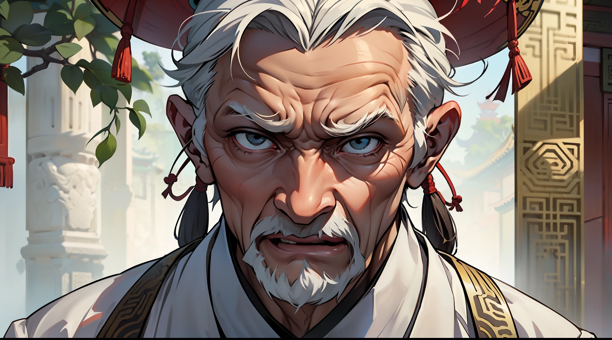 9. (1 person) (old man in white clothes looks terrified, half-body, close-up) (background: in the sacred and palatial palace of ancient China).
