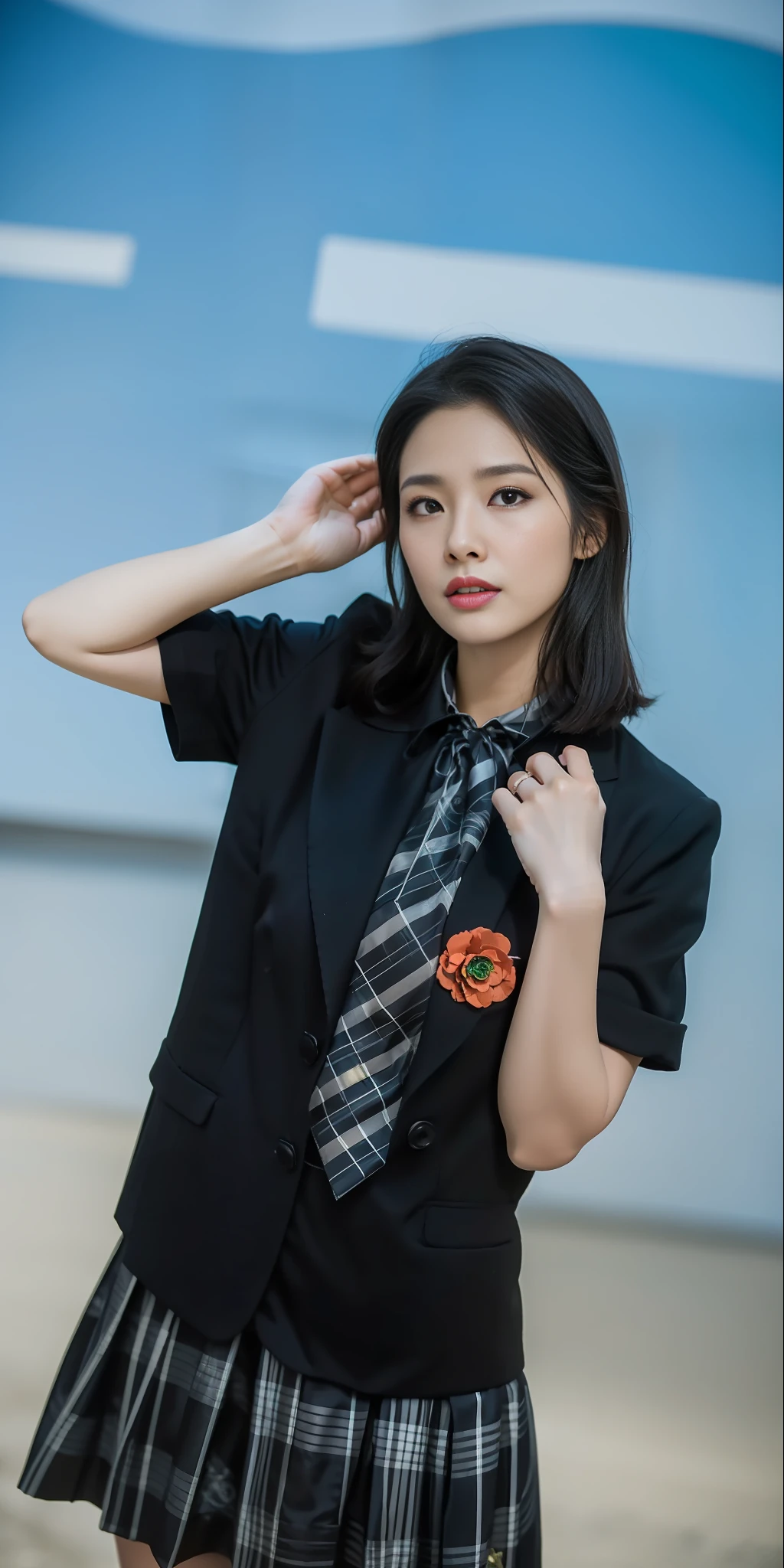 Best quality, masterpiece, super high resolution, (realistic: 1.4), original photo, edited photography, fantasy art
(A woman in her 30s), a woman standing on the path of Graden, (half: 1.3), black hair, short hair, sympathetic face, brown eyes. A faint smile, looking at the audience, (red suit: 1.2), (white shirt), black silk dress, (colorful and dense flower clusters: 1.3). (bright flower color: 1.3, red rose: 1.2, floating skaura_petals) smoke, real-world location, deep contrast, depth of field, dark background, break award-winning photograph, neoism, exposure blend, bokeh, (hdr:1.4), high contrast, (cinematic light), (muted colors),sony A7,F2.4, low saturation, (hyperdetailed:1.2), (noir:0.4)