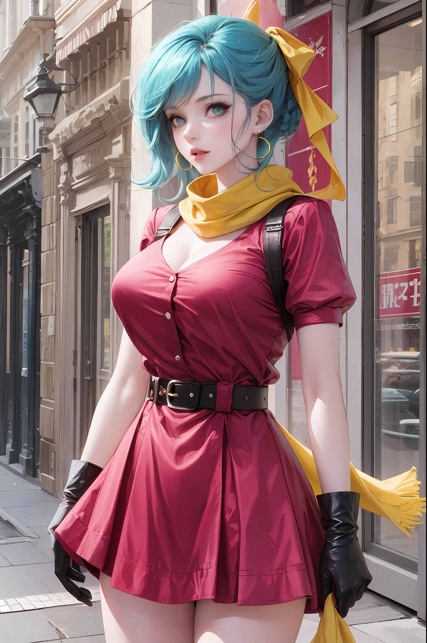 bulmadbzreddress aqua hair, short hair, blue eyes, earrings, red dress, yellow scarf dragon ball, blmpony, aqua hair, hair ribbon, braided ponytail, pink shirt, belt, scarf, pink skirt, clothes writing, brown gloves, large breasts, buruma_brief_older --auto --s2