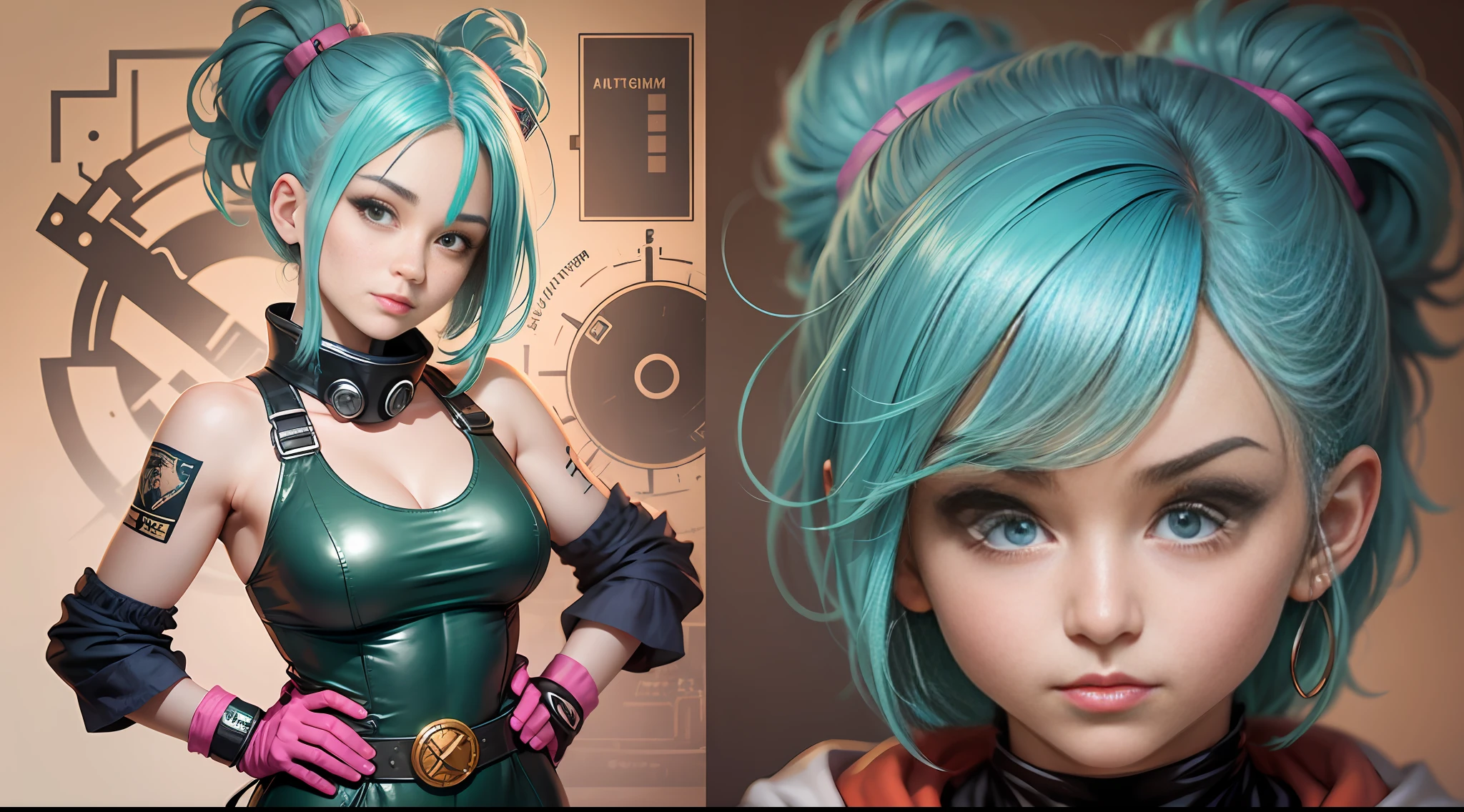 Bulma, an iconic character from Dragon Ball, is an intelligent and adventurous woman. With her vibrant blue hair and beautiful intricate eyes, she captivates attention wherever she goes. Bulma often wears a variety of outfits, but her most common dress style includes a pink dress with a green belt and matching leggings. She accessorizes with white boots, gloves, and a small pouch for her tools. Her face radiates a charming smile, complemented by a youthful and cute face. Bulma's slender figure and petite physique add to her overall appeal. As an ingenious inventor and scientist, she carries a set of tools with her, including a capsule device and a high-tech scouter. Bulma's determination and resourcefulness make her an essential member of the Dragon Ball team on their thrilling journey. --auto --s2