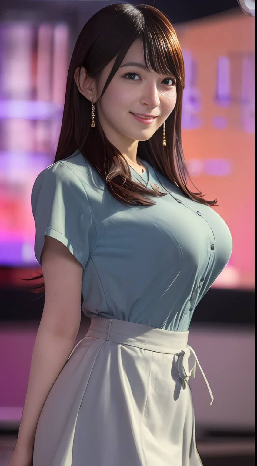 ((Best quality, 8k, Masterpiece :1.3)), (Japanese pretty announcer with perfect body), (big breasts:1.2), black long hair, smile, shirt, mini-skirt, TV studio, weather news, very large display showing city landscape, Highly detailed face and skin texture,