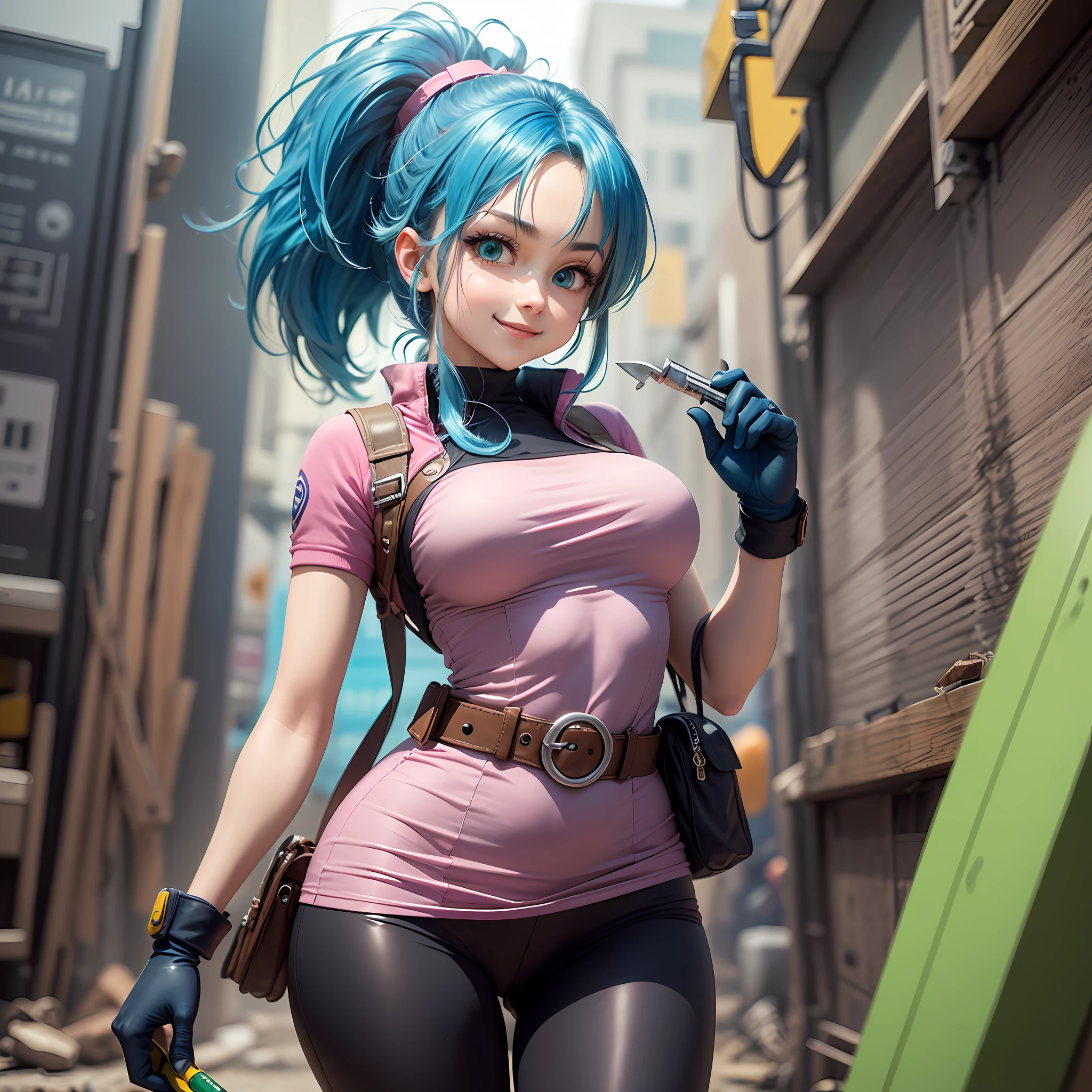 Bulma from Dragon Ball anime,adventurous, vibrant blue hair , beautiful intricate eyes,  pink dress , green belt ,  leggings,  white boots, gloves, and a small pouch for  tools , charming smile, youthful and cute face,  slender figure,  inventor , scientist,  tools ,  capsule device and a high-tech scouter large breasts --auto --s2