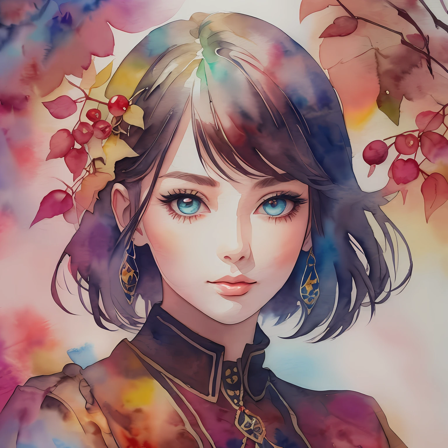 (Best Quality), (Masterpiece: 1.2), (Colorful: 0.9), (Ink Splash), (Color Splash), ((Watercolor)), Sharp Focus, (Portrait Summer Goddess: 1.5), Cute Look, Elegant Maroon Haircut, Beautiful Detailed Face and Eyes, Elegant Clothes, Autumn Fruits Background, Colored Water