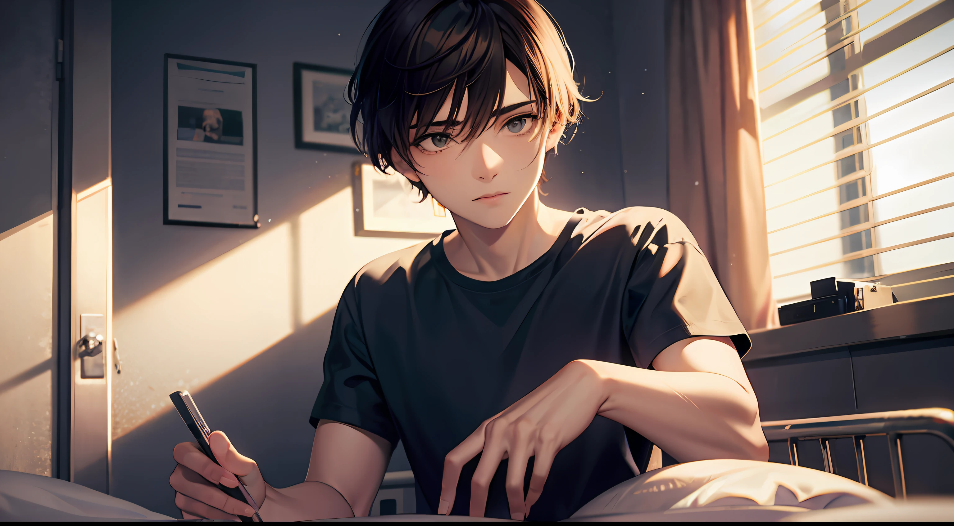 A teenager male, brunette hair, t-shirt, jeans, dark nifht, hospital, hospital bed, lonely, palm, tear, panorama, ray tracing, reflected light, chiaroscuro, cinematic lighting, glow, masterpiece, best quality, high detail, high resolution, ccurate, textured skin, high quality, ultra hd, hd