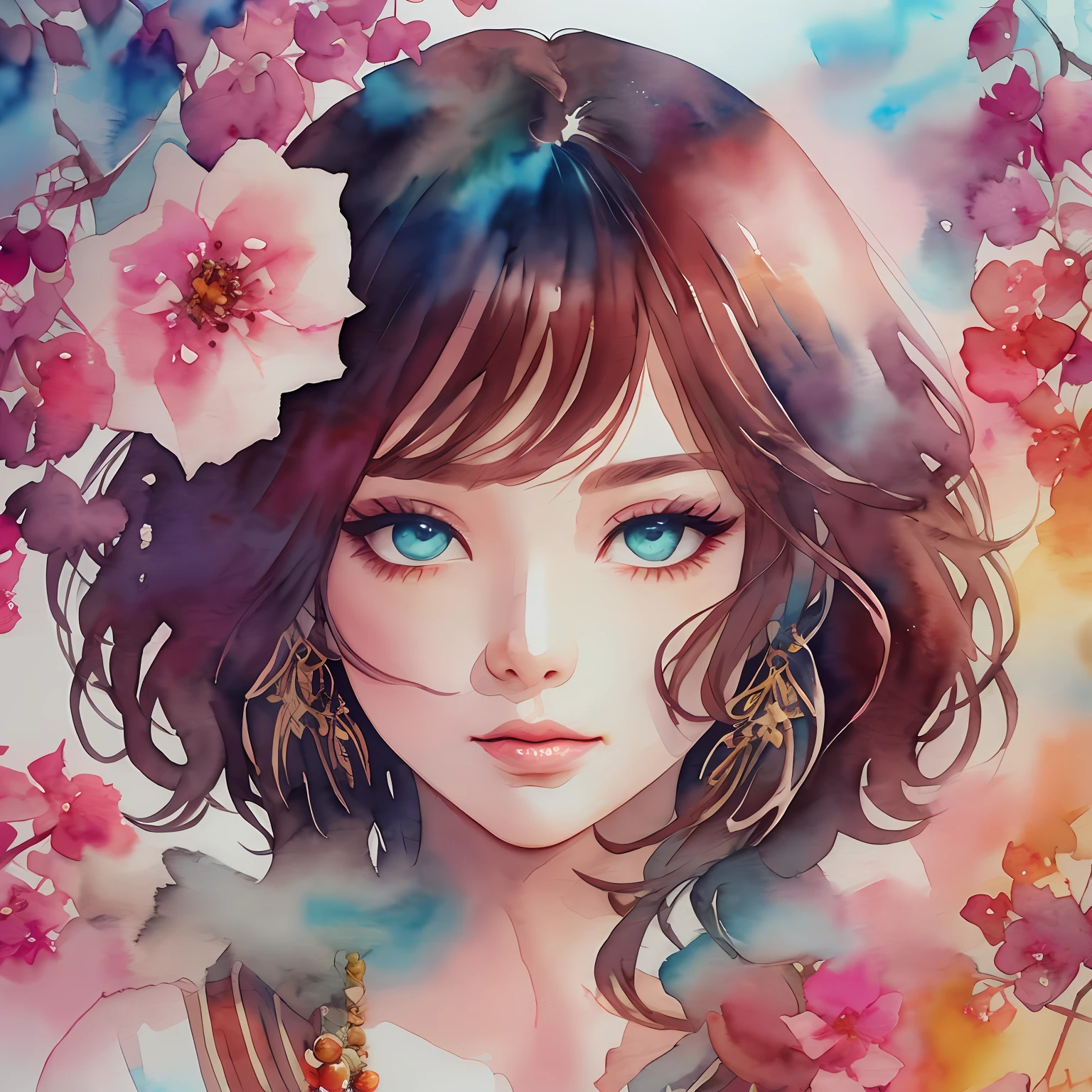 (Best Quality), (Masterpiece: 1.2), (Colorful: 0.9), (Ink Splash), (Color Splash), ((Watercolor)), Sharp Focus, (Portrait Summer Goddess: 1.5), Cute Look, Elegant Maroon Haircut, Beautiful Detailed Face and Eyes, Elegant Clothes, Autumn Fruits Background, Colored Water