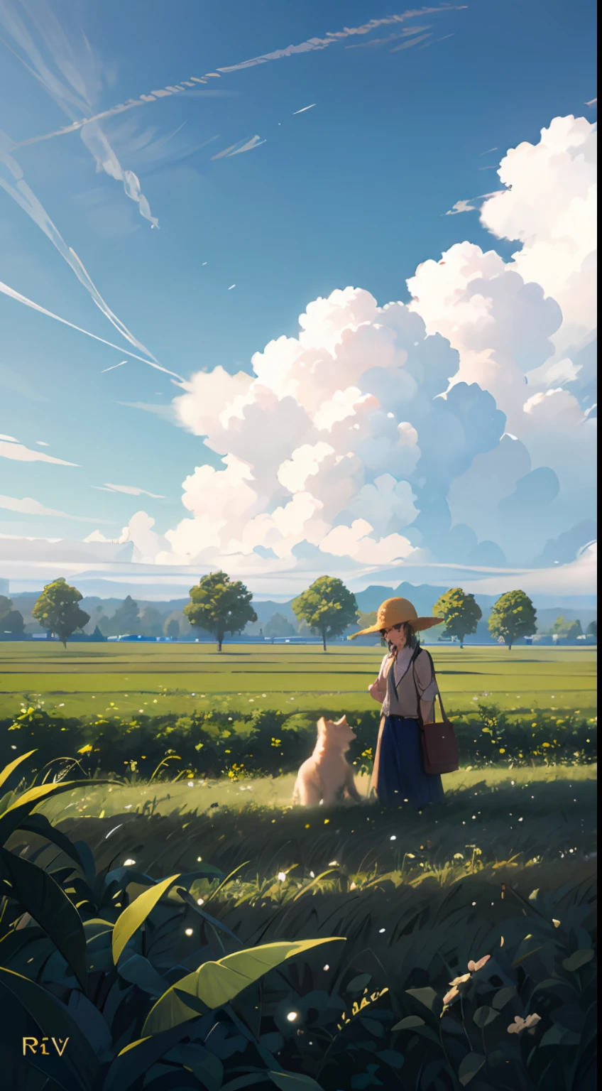 Wheat field, a cute boy with a straw hat standing in a wheat field, a puppy next to him, big clouds, blue sky, rice field, neat rice seedlings in the field, forest, hillside, secluded, countryside, HD detail, hyperdetail, cinematic, surrealism, soft light, deep field focus bokeh, ray tracing and surrealism. --auto --v6