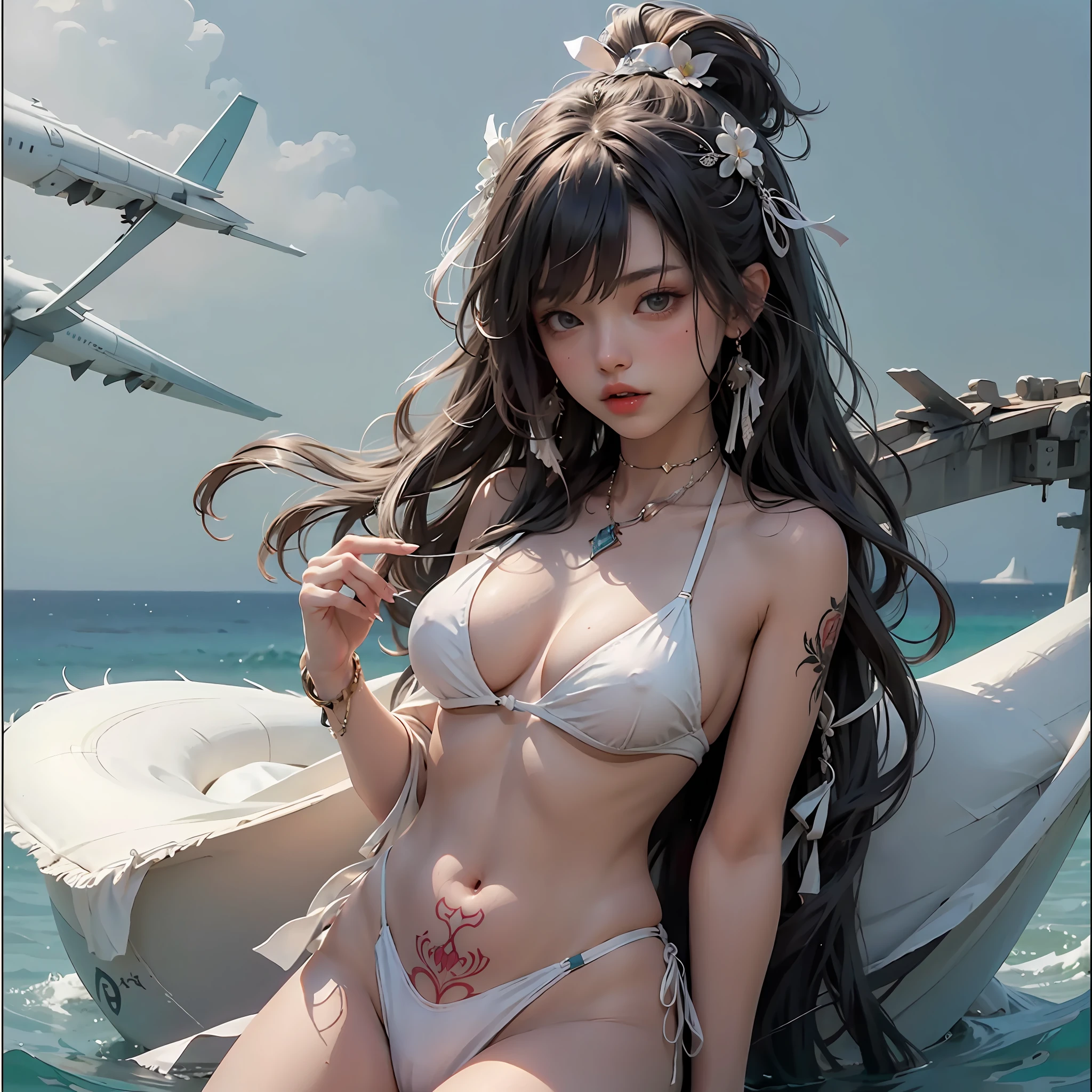 White bikini, kini, giant Lower abdomen tattoo, huge tattoo, huge Obscene lines, Lewd striae