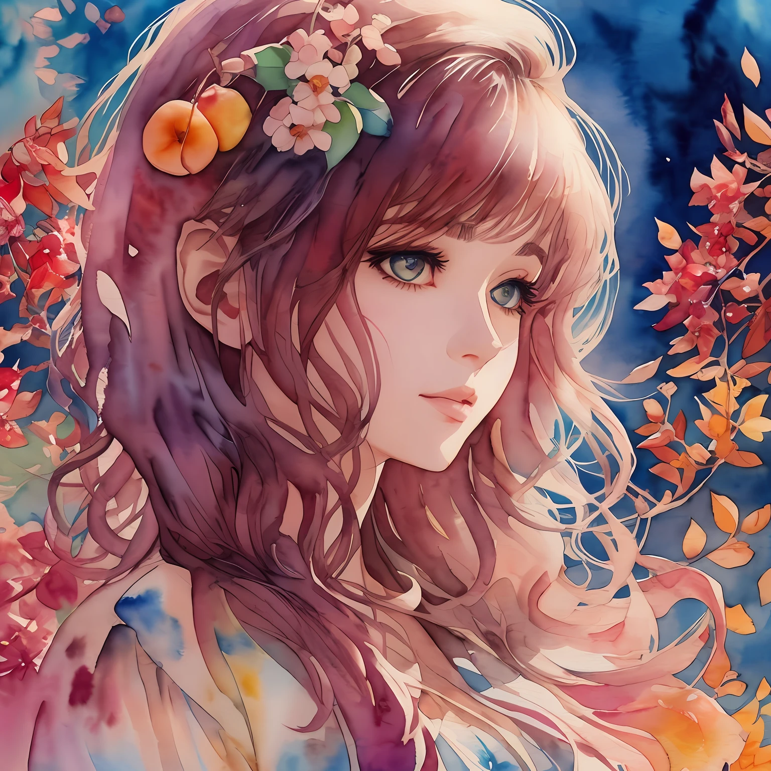 (Best Quality), (Masterpiece: 1.2), (Colorful: 0.9), (Ink Splash), (Color Splash), ((Watercolor)), Sharp Focus, (Portrait Summer Goddess: 1.5), Cute Look, Elegant Maroon Haircut, Beautiful Detailed Face and Eyes, Elegant Clothes, Autumn Fruits Background, Colored Water
