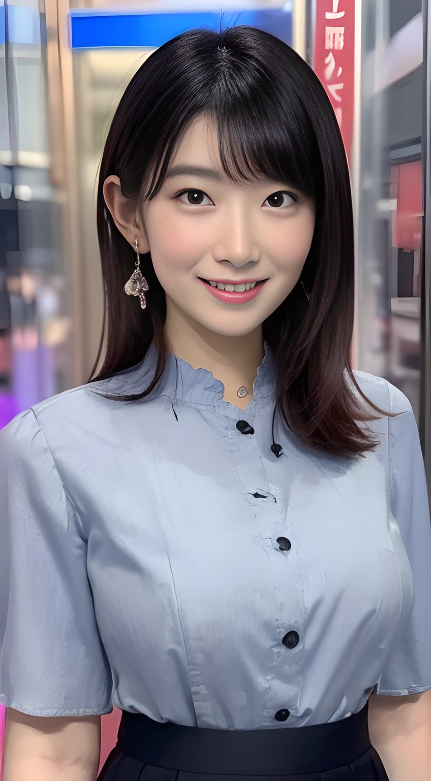 ((Best quality, 8k, Masterpiece :1.3)), (Japanese pretty announcer with perfect body), (big breasts:1.2), black long hair, smile, shirt, mini-skirt, TV studio, weather news, very large display showing city landscape, Highly detailed face and skin texture,