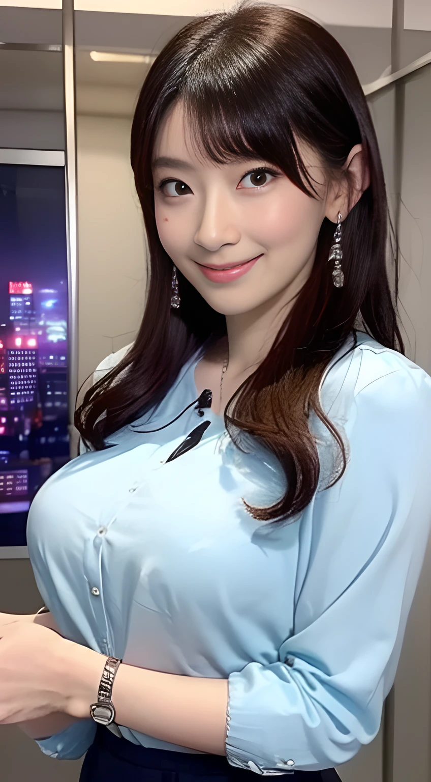 ((Best quality, 8k, Masterpiece :1.3)), (Japanese pretty announcer with perfect body), (big breasts:1.2), black long hair, smile, shirt, mini-skirt, TV studio, weather news, very large display showing city landscape, Highly detailed face and skin texture,