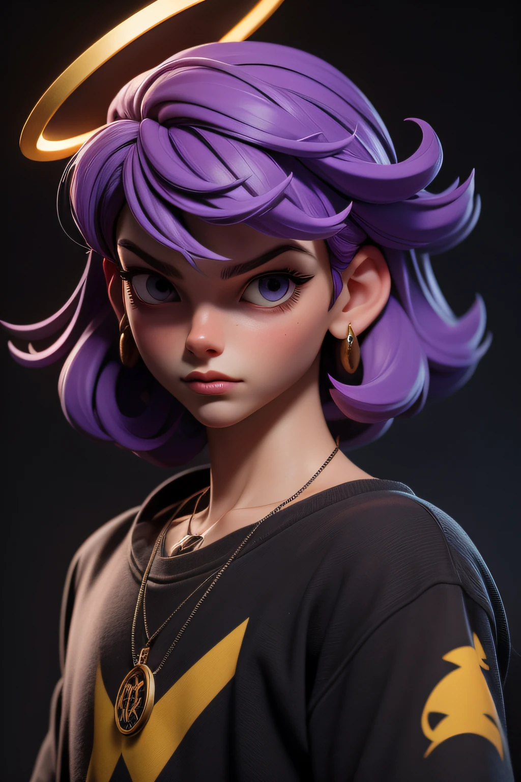 masterpiece, best quality, 3d rip artwork , 3dmm style, close up, portrait, 3d, man, solo, purple hair, necklace,, look to side, reality, upper body, simple background, bangs, look away, parted lips, dark eyes, lips, necklace, mole, mechanical wind, halo surrounded on back, watermark, sweatshirt with letters, hipster, tattoo, black perm