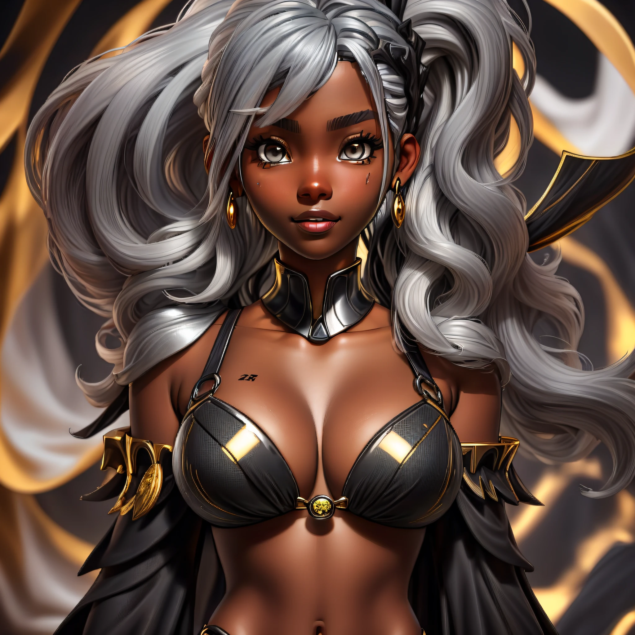 (((ebony girl))), (dark skin:1.25), long silver hair in all background, silver hair with ponytail, white eyes, black bikini with gold details