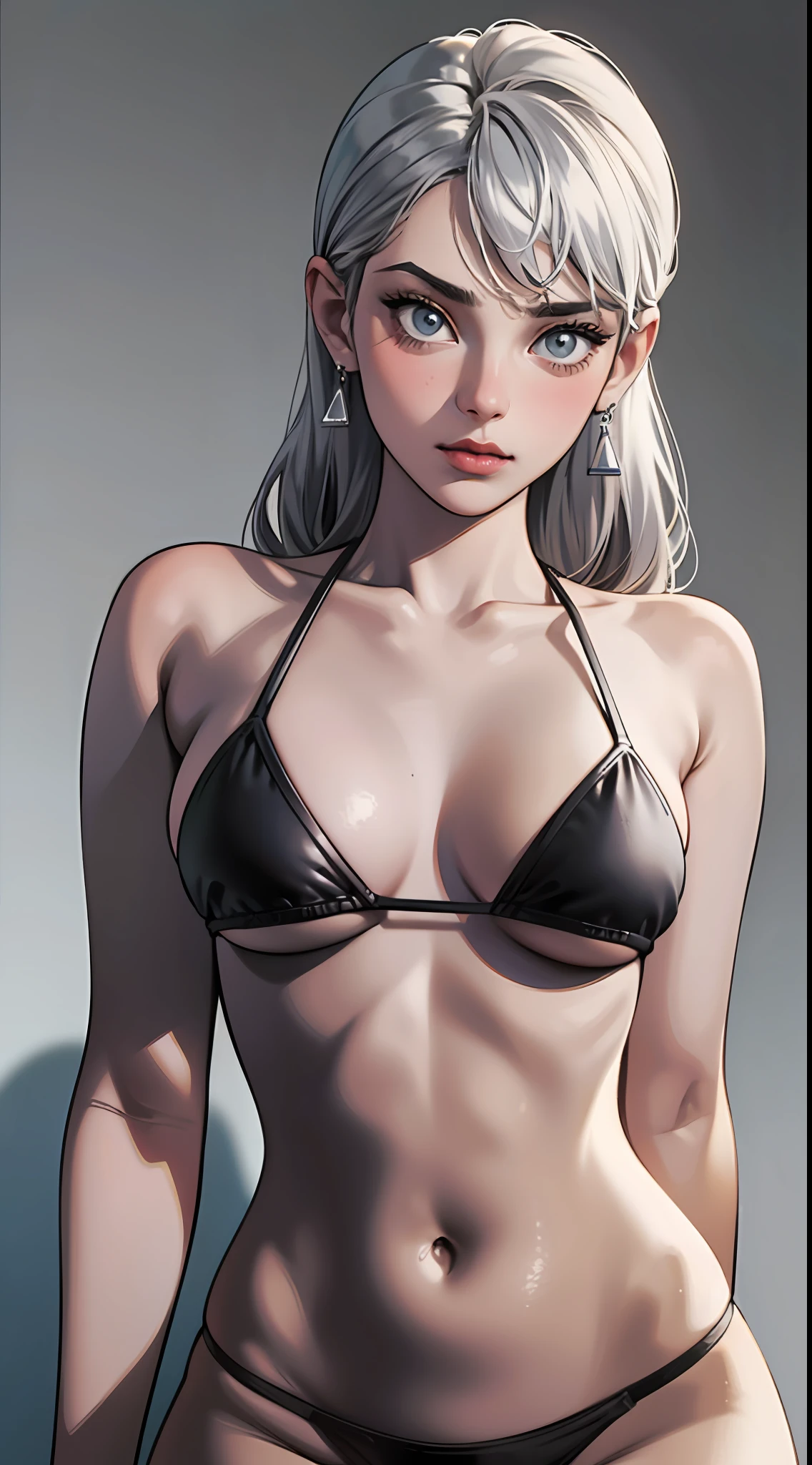 solo, beautiful girl, high precision, downblouse, micro bikini, earrings, silver accessories, monotone, cinematic light, ink wash, pop art, detail enhancement, edge sharpening, texture enhancement, high resolution, high detail, highlight, whimsical, shadow, high contrast, shadow play
