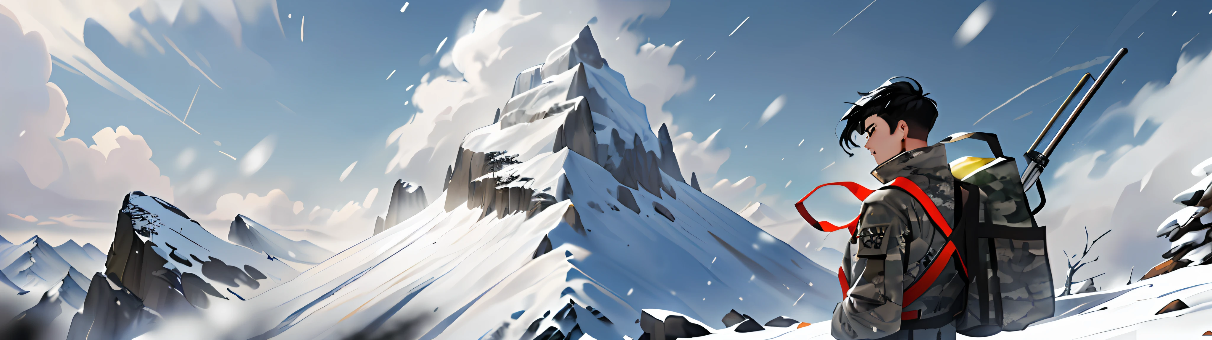 (Young man, gray camouflage suit, short black hair, blowing in the wind, height 185 cm, ((view) snowy mountain top), strong wind, blizzard), upper body